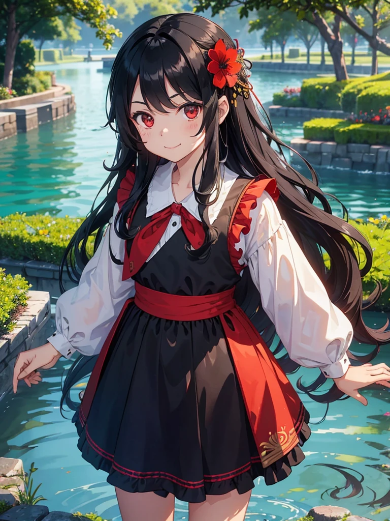 , red eyes, long wavy curry black hair, kid, smile, background in lake garden. Wear a flower-shaped hairpin on only one side. background and outfit modern western! Her hair is tied on the side. noble western castle. arrogant kid.