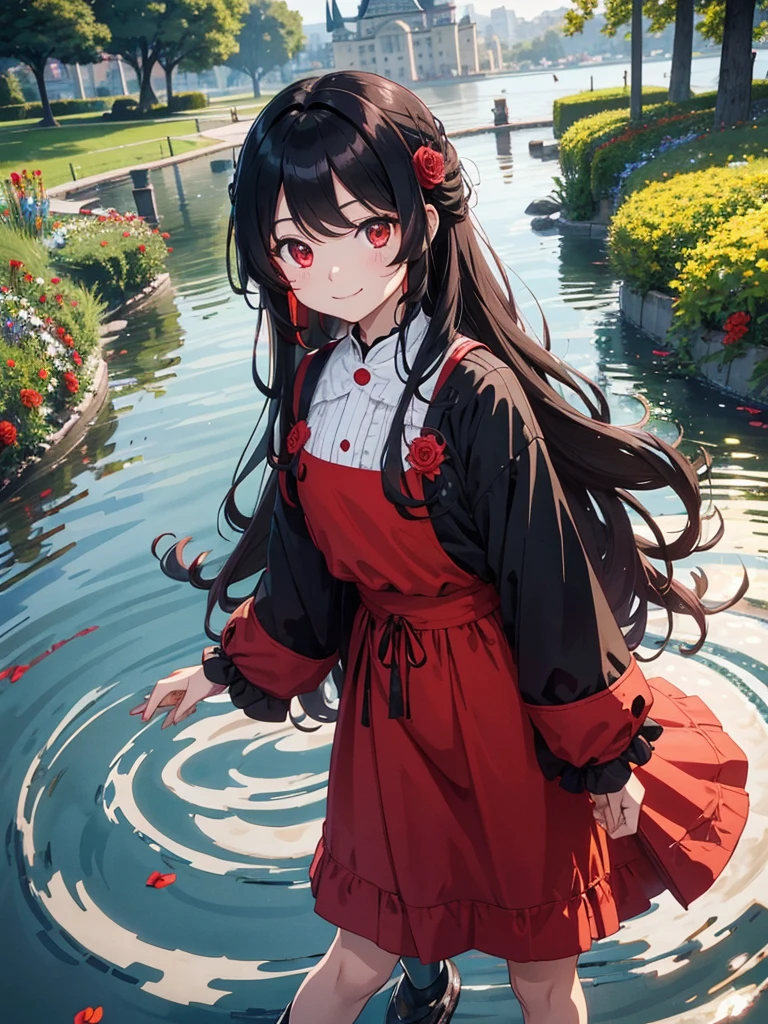 , red eyes, long wavy curry black hair, kid, smile, background in lake garden. Wear a flower-shaped hairpin on only one side. background and outfit modern western! Her hair is tied on the side. noble western castle. arrogant kid.