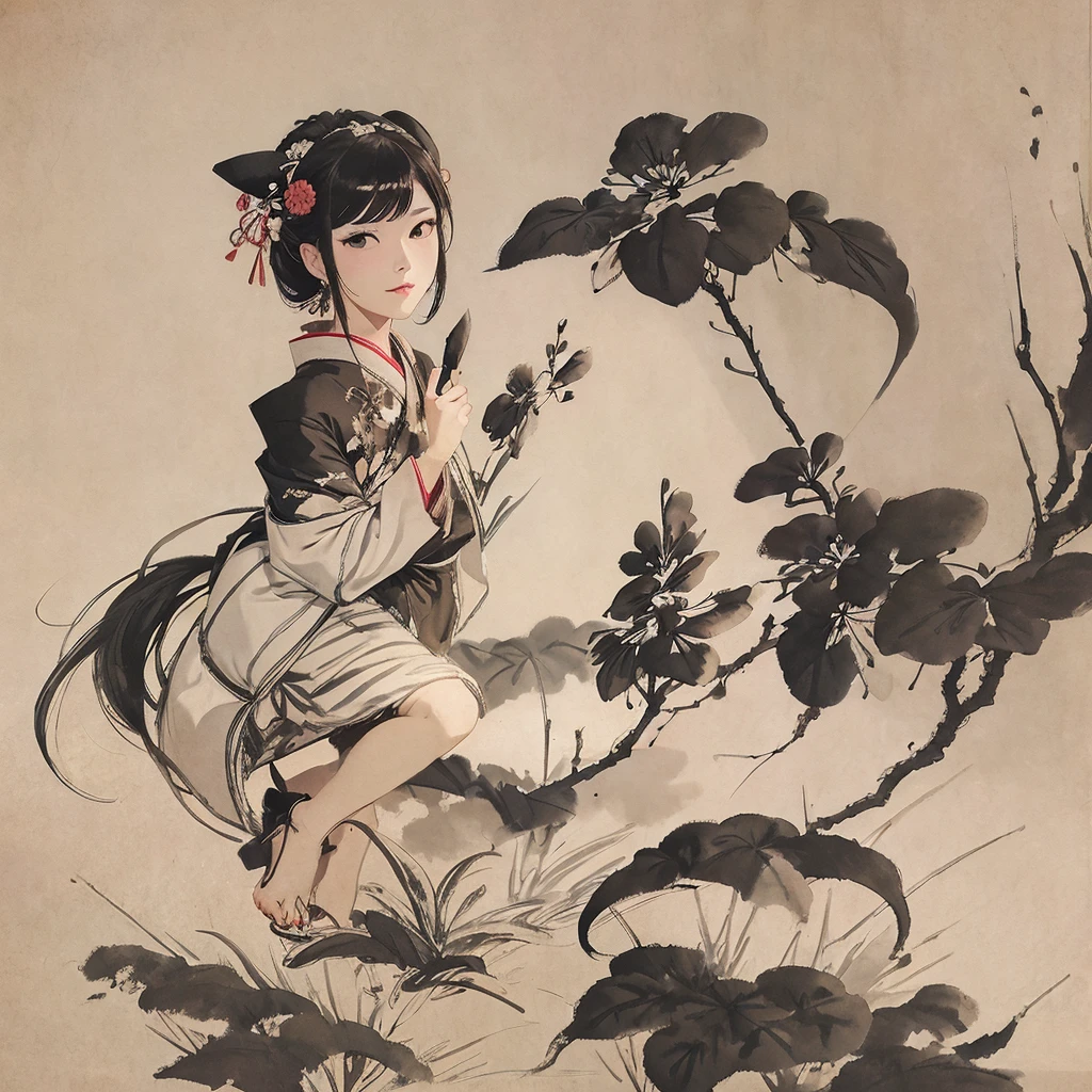 Ink Painting、woman、Edo、fan