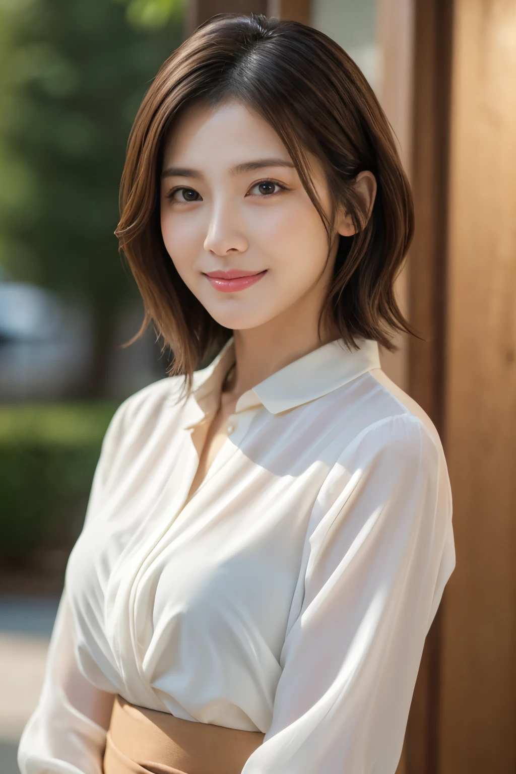 (Raw Photo), (Photorealsitic), (Masterpiece), (Best Quality), High Resolution, 8K, (Intricate Details), (Voluminous Light), Portrait, Female, 35 Years Old, Short Hair, Straight Hair , layered hair, brown hair, very fine eyes, source order, very fine eyebrows, very fine skin, very fine mouth, very fine nose, cute like an idol, happy smile, (thick lips), (looking at the viewer), (elegant blouse), waist shot,