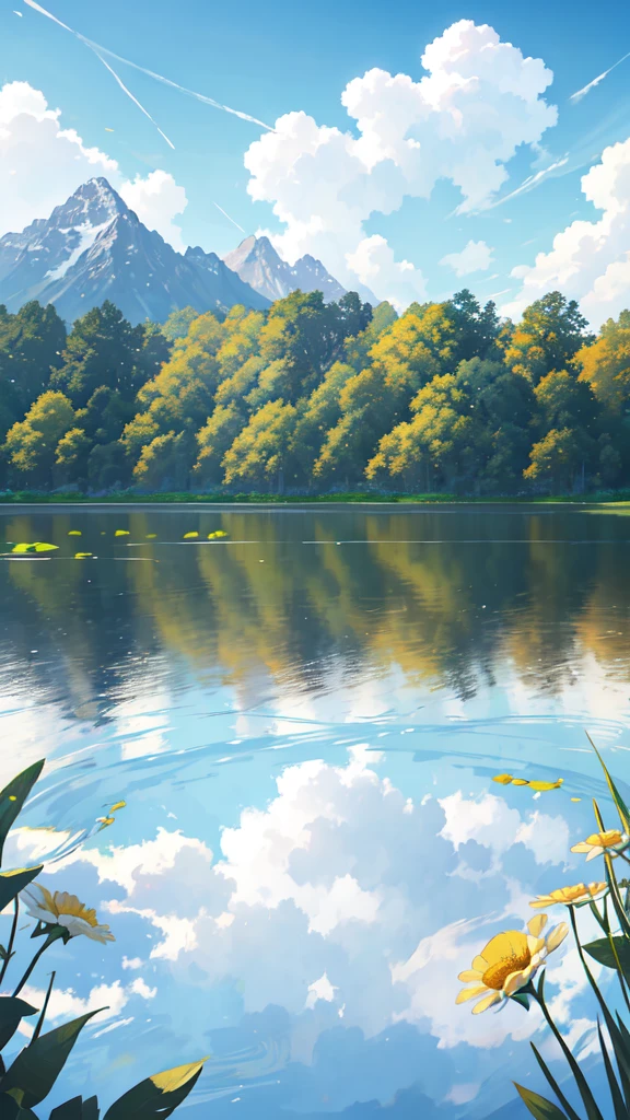 Summer, meadows, a few small flowers, clear lakes, sheep, heaven, large clouds, blue sky, hot weather, HD detail, hyper-detail, cinematic, surrealism, soft light, deep field focus bokeh, distant vistas are snowy mountains, ray tracing, and surrealism. --v6