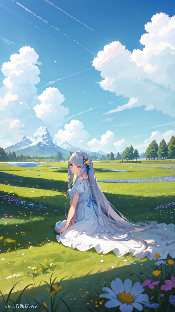 Summer, meadows, a few small flowers, clear lakes, sheep, heaven, large clouds, blue sky, hot weather, HD detail, hyper-detail, cinematic, surrealism, soft light, deep field focus bokeh, distant vistas are snowy mountains, ray tracing, and surrealism. --v6
