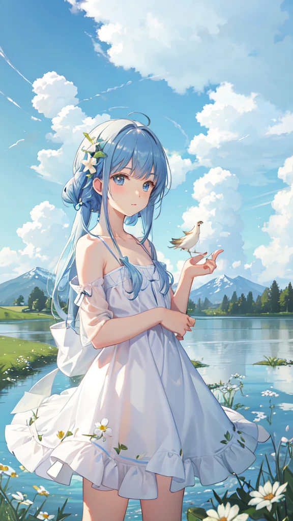 Summer, meadows, a few small flowers, clear lakes, sheep, heaven, large clouds, blue sky, hot weather, HD detail, hyper-detail, cinematic, surrealism, soft light, deep field focus bokeh, distant vistas are snowy mountains, ray tracing, and surrealism. --v6