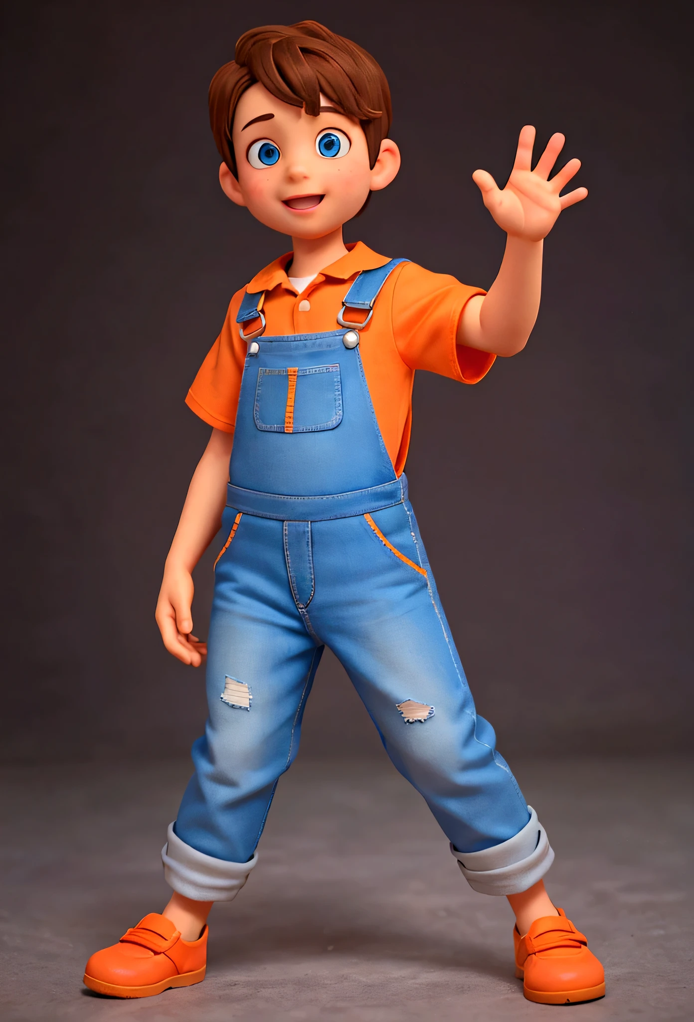 The image features a realistic boy against a dark background. The character has short brown hair and blue eyes, wearing an orange with yellow dungarees clothes. They are waving their right hand towards the viewer. the character is a boy. In the image his entire body should appear. The character's pose is friendly and welcoming, making him realistic