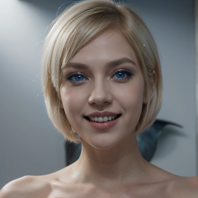 Alone, Beautiful face with big blue eyes, White skin, Short bob style hair, voluminous lips and open mouth showing vampire fangs, SMILE, wallpaper fanart