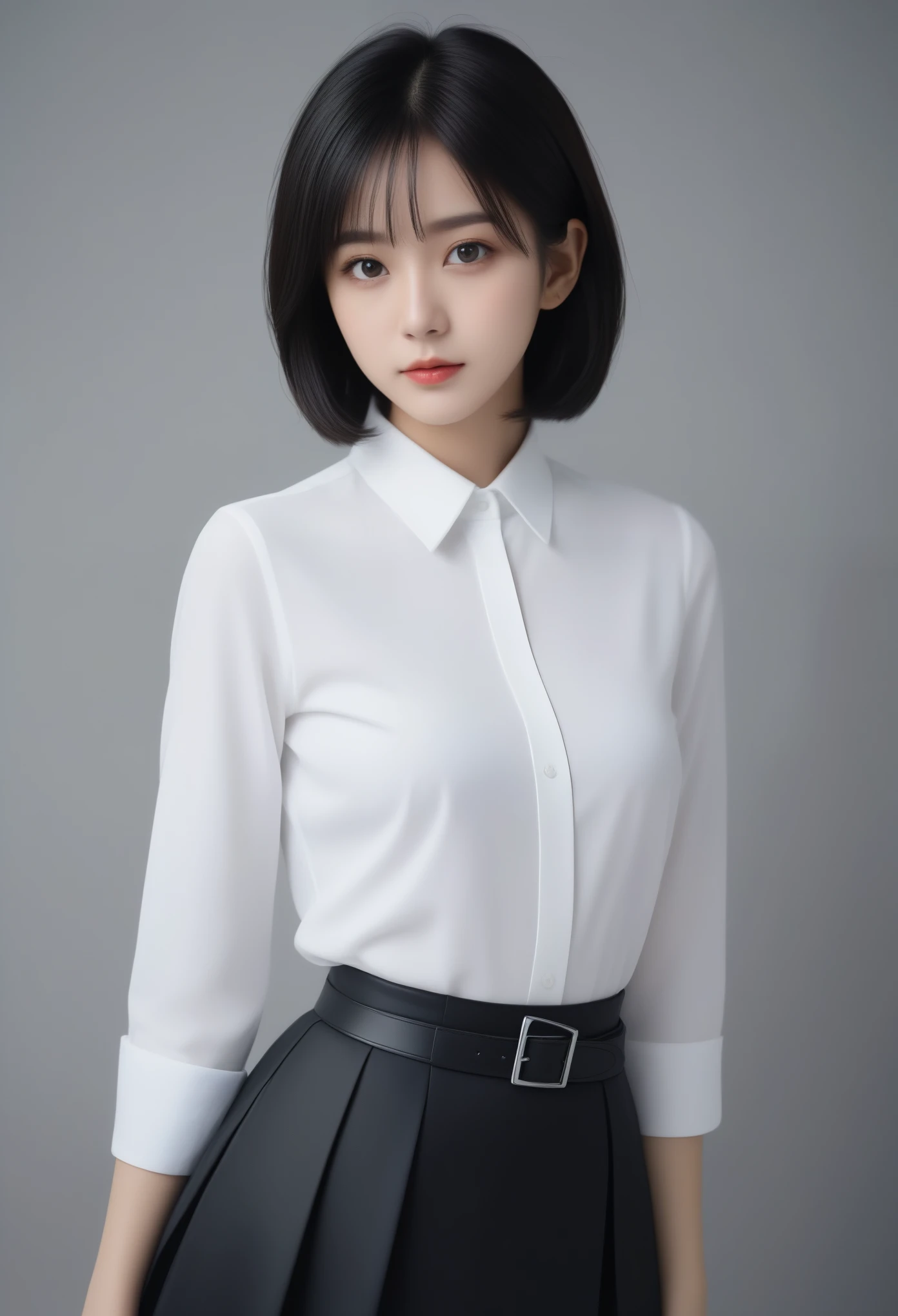 8K, Ultra-high resolution, Highest quality, masterpiece, 三分割法によるphotograph,Surreal, photograph, 1 Girl, (:1.3), pretty girl, Cute face, Beautiful eyes in every detail, 細かくdetailedに,masterpiece,, One Girl:1.2, Japan Female Announcer,whole body,(Absurd, High Fantasy Art, Best HD images, 注意深くdetailedに, 非常にdetailedな特徴と質感), Solo Character, 16 years oldhas short black hair, Purple eyes with black pupils, Flat Chest, Slim texture, Very thin lips, White skin, (Scottish short skirt, Grey Leather Shirt, silver meral belt between her Scottish short skirt and belly), Confident pose, Very serious face, No Sense of Humor Irish Wooden Cottage with Ancient Greek and Celtic Furniture, Attractive thighs, Sensual,A carefree smile,Heal the heart,Black Hair,Short Bob,Looking at the audience、beauty,Long neck、Laugh a little、Please close your mouth and laugh、(((Ideal body type))),A cup small breasts :2,、Portraiture:2、Perfect Anatomy、鮮明なdetailed、detailed、Surreal、Light and shadow,Strong light