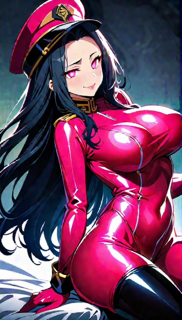 (highest quality:1.2,evil lady,cg, Very detailed, High Detail, digital coloring, High Contrast, masterpiece:1.2, highest quality, Best aesthetics), 8k,masterpiece, cute,tall,beautiful,best quality, 1lady,black hair,long hair,empty eyes, (finely detailed glowing eyes and detailed face),,,,extremely detailed cg unity 8k wallpaper,solo,(latex military costume:0.9),large breasts,seductive smile,military hat,latex thighhigh,large breasts,black hair,pink eyes,pink leotard,pantyhose,military coat,enamel suits,grossy lips,sitting,,sadistic smile,,heel,shiny skin,military coat,detailed face,beautiful body,full-body,adult,leotard,show me breasts,sadistic,seductive smile,enamel leotard,latex,