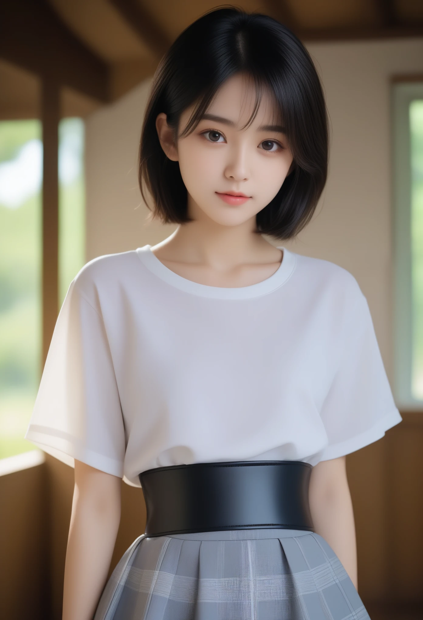 8K, Ultra-high resolution, Highest quality, masterpiece, 三分割法によるphotograph,Surreal, photograph, 1 Girl, (16 years old:1.3), pretty girl, Cute face, Beautiful eyes in every detail, 細かくdetailedに,masterpiece,, One Girl:1.2, Japan Female Announcer,whole body,(Absurd, High Fantasy Art, Best HD images, 注意深くdetailedに, 非常にdetailedな特徴と質感), Solo Character, 16 years oldの野蛮な少女, She has short black hair, Purple eyes with black pupils, Flat Chest, Slim texture, Very thin lips, White skin, (Scottish short skirt, Grey Leather Shirt, silver meral belt between her Scottish short skirt and belly), Confident pose, Very serious face, No Sense of Humor Irish Wooden Cottage with Ancient Greek and Celtic Furniture, Attractive thighs, Sensual,A carefree smile,Heal the heart,Black Hair,Short Bob,Looking at the audience、beauty,Long neck、Laugh a little、Please close your mouth and laugh、(((Ideal body type))),A cup small breasts :2,、Portraiture:2、Perfect Anatomy、鮮明なdetailed、detailed、Surreal、Light and shadow,Strong light