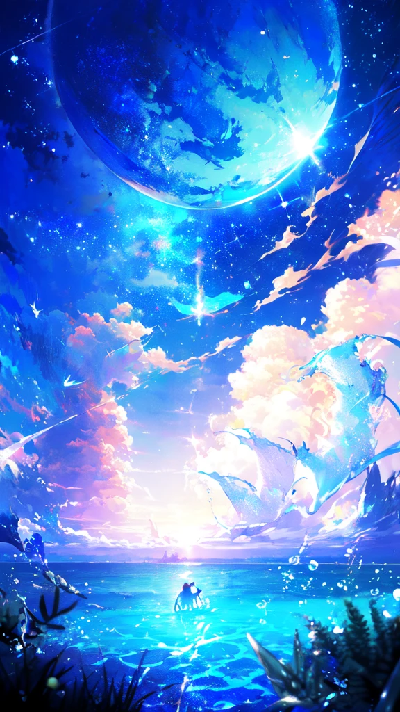 -scenery, 1girl, sky, Star (sky), Highest Resolution、船
, night, solo,Fine starry sky、 city lights, Starry sky, Fine bubbles、night sky, bubble, moon, watercraft, outdoors, short hair, ocean, cloud,coloured glaze,