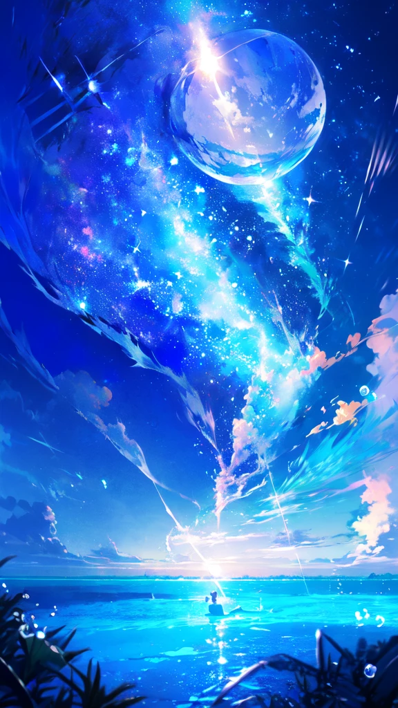 -scenery, 1girl, sky, Star (sky), Highest Resolution、船
, night, solo,Fine starry sky、 city lights, Starry sky, Fine bubbles、night sky, bubble, moon, watercraft, outdoors, short hair, ocean, cloud,coloured glaze,