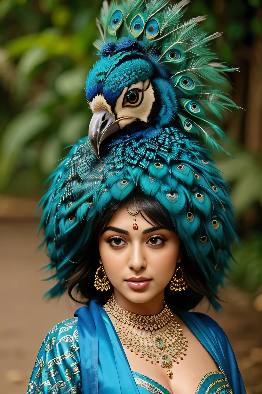 Hansika Motwani is a peafowl, she is real peafowl Bird. Mutant peafowl. peafowl transformation. peafowl body with  female head. She is a bird. Real bird. Head with bird body. Create this beautiful creature.