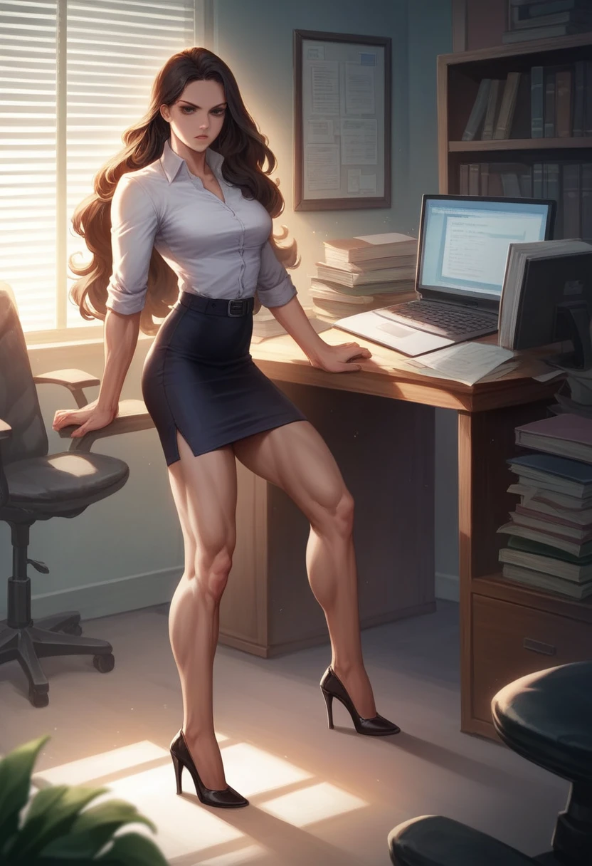 Detailed CG, 4k resolution, young woman in her early 20s, long flowing hair, serious expression, attractive business casual attire, form-fitting blouse, pencil skirt, high heels, athletic build, toned muscles, ample bust, office setting, desk with computer, bookshelves in background, soft lighting, professional atmosphere, high detail, realistic texture, cinematic composition