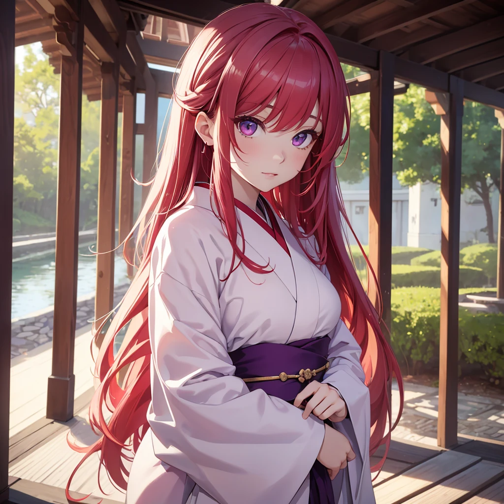 (8K, Best Quality, Masterpiece, Ultra High Resolution) 1 Girl, Beautiful Eyes, Face Details, Long Red Hair, Pink Eyes, Pale Skin, , Wearing Kimono, White Kimono, Purple Details, Standing Outside, Best Quality, Upper Body, Looking at the Viewer, Facing Viewer, Close Up