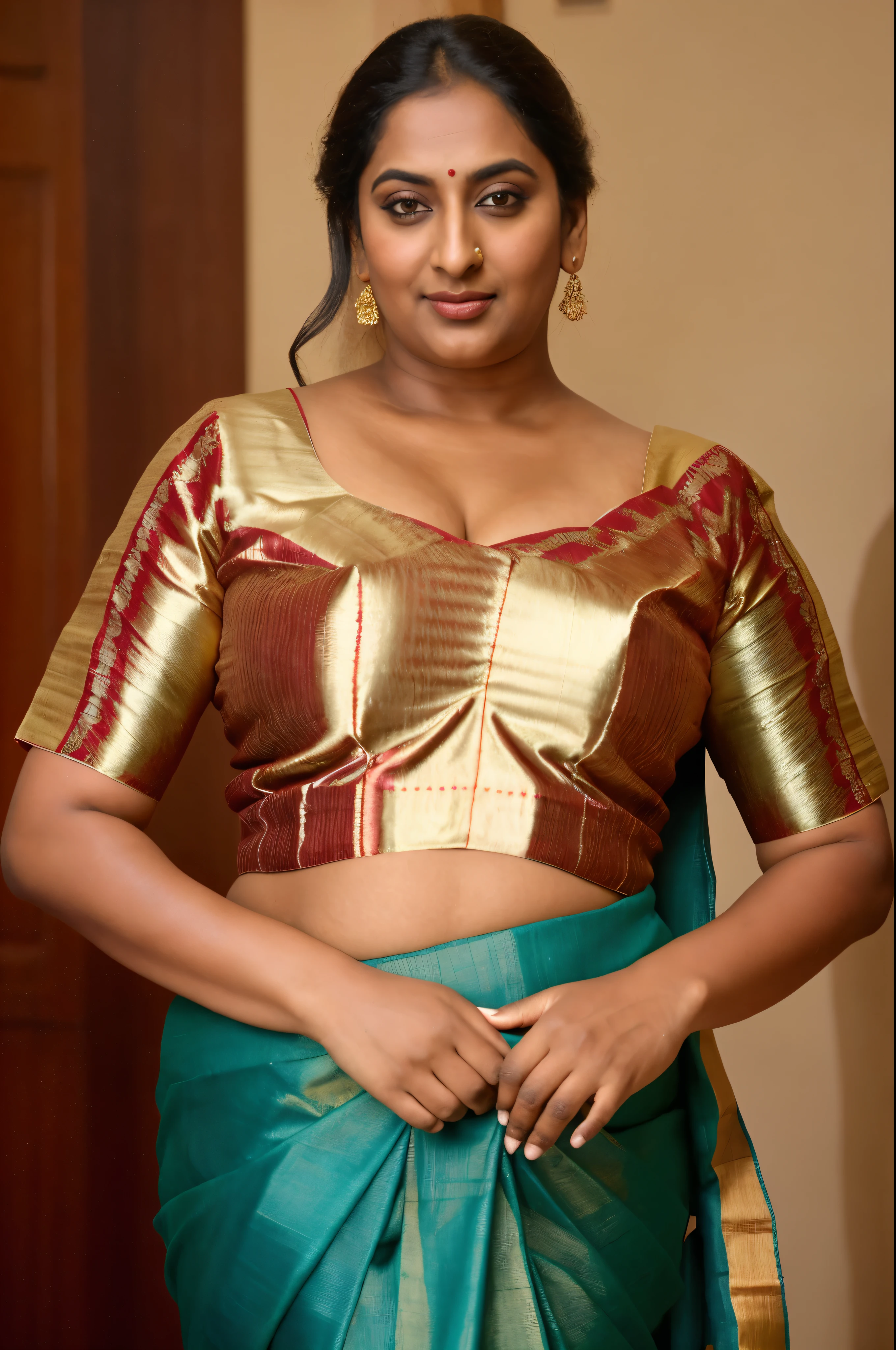 Foto RAW, photorealistic, photography, full body shot, 50 years old Woman, mature aunty, mature big saggy breast, hot Amma, vellamma, desi aunty, mommy, momma, motherly figure, fleshy bulky figure, curvy, Full figured woman, busy housewife, thirsty for young male, hypnotizing eyes, master shot, perfect eyes, goddess like beauty, pierced eyes, perfect thick chubby mallu Desi aunty bhabhi, Wearing a Stanapatta, a chest-band.Saree model, model Photography, Indian saree shoot, Indian traditional wear advertising photography, traditional wear brand shoot, face of Indian actress Sonakshi Sinha, masterpiece, realistic, realism, incredible details, pleasure, photorealism, detailed skin, skin pores, high contrast, photorealistic Artstation 8k HD digital art trend of high definition and detailed realistic skin texture, ultra detail, realistic skin texture, armature, best quality, ultra high definition, (photorealistic:1.4),, high resolution, detail, raw photo, sweat, Re sharp, by Lee Jefferies Nikon D850 Film Stock Photo 4 Kodak Portra 400 Camera F1.6 Lens Rich Color Ultra Real Realistic Realistic Textures Dramatic Lighting Unreal Engine Trending at Art Station Cinestill 800,(pele altamente detalhada: 1.2), 8k UHD, DSLR, soft-lighting, alta qualidade, grain of film, Fujifilm XT3,she didn't like to wear blouse or bra, she is happy to wear only saree, she hates blouse or bra, detailed hairy armpits, hyper realistic skin, skin pores, sweat, veins, Dark hairy armpits, sensually appealing figure, goddess of temptation and lust, queen of lust,