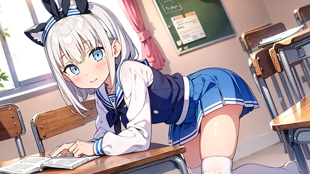 Extremadamente detallado gran calidad de imagen 1 white-haired girl with ribbon decorations on her head, blue eyes in school mini skirt navy Women with white stockings at home