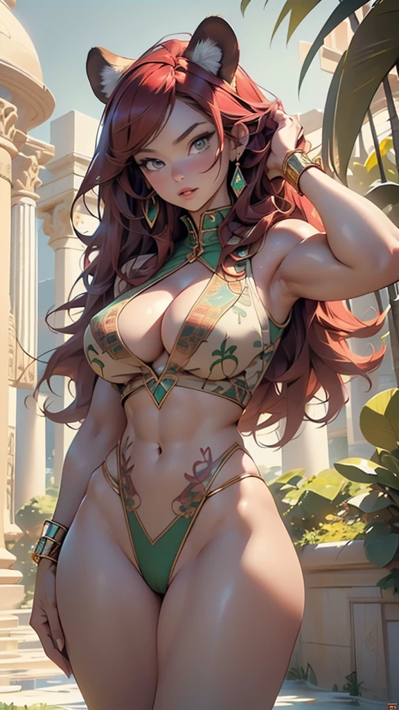 panther girl,(((panther woman,anthro furry cute,panther female warrior,panther-girl))),
(((panther ears,panther ears on head,big panther ears))),(large breasts:1.4,),(((absurdly long unkept hair,red hair,very long red hair,voluminous hair,Thick hair,Dense hair,colored inner hair))),(((yellow_green:1.3))),intricate eyes,beautiful detailed eyes,symmetrical eyes,(((lustrous skin:1.5,tanned skin,bright skin: 1.5,skin tanned,shiny skin,very shiny skin,shiny body))),spider lower abdomen,narrow waist,wide hip,athletic body,inflated legs,thick thighs),(((muscle legs,muscular thighs,muscular girl,strong and muscular,bodybuilder,strong body,muscular,feminine and muscular,ABS))),(huge stature,tall stature,very tall girl),(delicate detailed fingers),(((detailed face))),beautiful detailed lips,
cute,slutty,sensual,seductive look,(((nsfw))),
(((huge cleavage))),revealing clothes,show skin,((underboob)),(barefoot),(((brown fur coat,gray fur coat outfit,wearing a brown fur coat:1.3,brown winter coat))),(((furry edge clothing))),(wearing a barbarian outfit:1.3,barbarian clothes),((furry fur on his shoulders)),tribal,((loincloth,intricate outfit,embroidered outfit,ornate outfit)),
dynamic pose,looking at viewer,angry,centered,scale to fit dimensions,Rule of thirds,
outdoors,(oasis,oasis background),extremely scenery,clouds,Egyptian style,lily pads,palms,reeds,(sunset, golden hour),scenery:1.25,((intricate scenery)),((pillars background,underground palace,egyptian palace background,pyramids in the background))
(Glossy egyptian ornaments),highres,sharp focus,(ultra detailed,extremely detailed),(photorealistic artwork:1.37),(extremely detailed CG unity 8k wallpaper),(((vibrant colors,vibrant theme))),(intricate),(masterpiece),(best quality),artistic photography,(photography taken by sldr),(intricate background),perfect rendered face,perfect face details,realistic face,photo realistic,((intricate detail)),(((realism))),