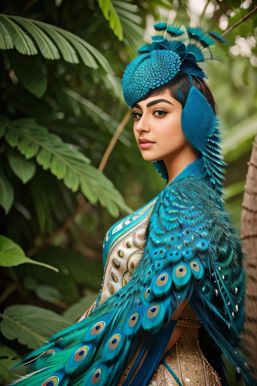 Hansika Motwani is a peafowl, she is real peafowl Bird. Mutant peafowl. peafowl transformation. peafowl body with female head. She is a bird. Real peafowl bird. Head with bird body. Create this beautiful creature or bird. High Definition, high quality picture.