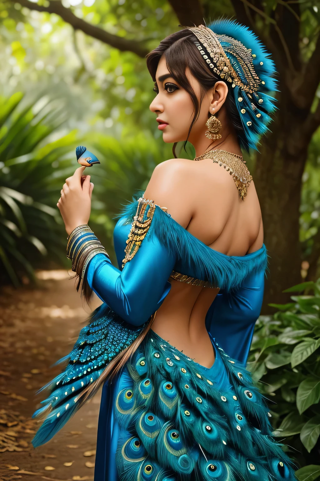 Hansika Motwani is a peafowl, she is real peafowl Bird. Mutant peafowl. peafowl transformation. peafowl body with  female head. She is a bird. Real bird. Head with bird body. Create this beautiful creature.