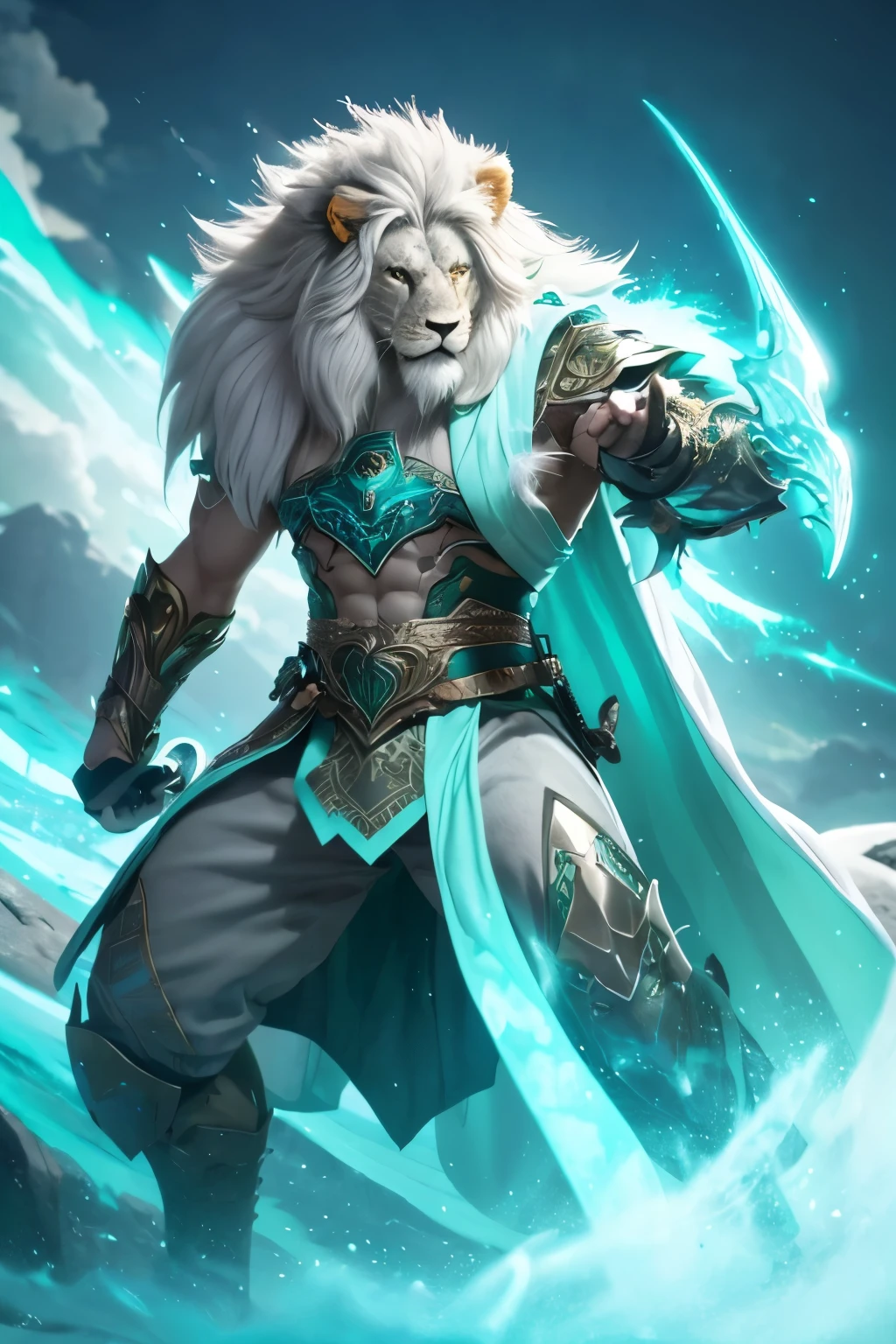 Fantasy Lion Gray Hair king of beasts brave Rin々Shii whole body It has strong-looking horns Green Eyes Muscle々 The background is a gradation from turquoise blue to sky blue.