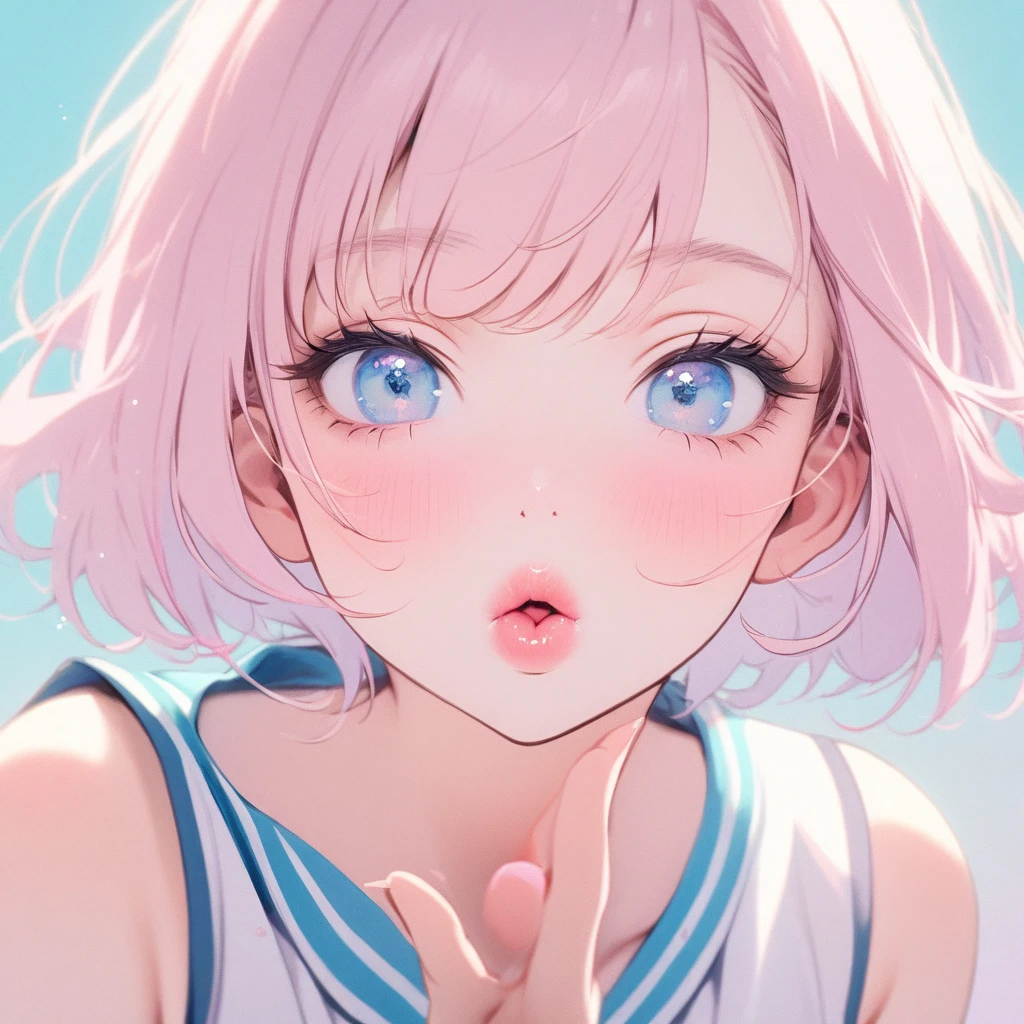 Girl, light pink hair, blue eyes, beautiful, cheerleader uniform, pastel colors, face close-up, flat, lipgloss, brat, ethereal, short hair, puckering up, kissy face, blowing a kiss, lips closed