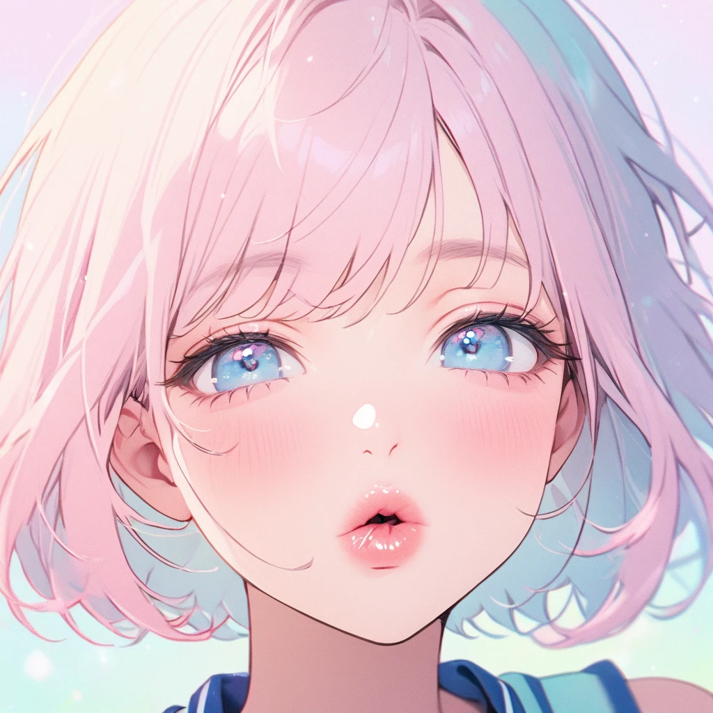 Girl, light pink hair, blue eyes, beautiful, cheerleader uniform, pastel colors, face close-up, flat, lipgloss, brat, ethereal, short hair, puckering up, kissy face, blowing a kiss, lips closed