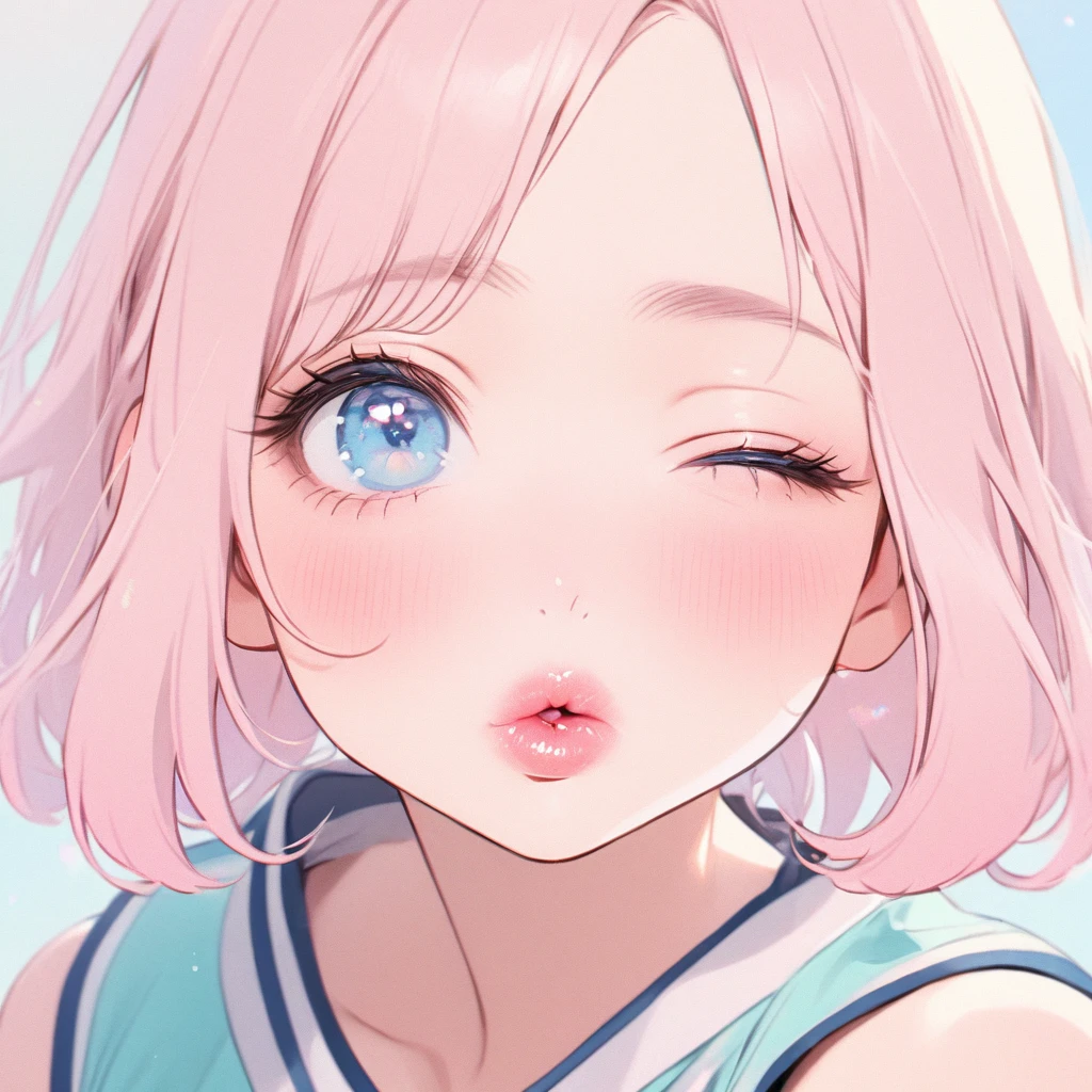 Girl, light pink hair, blue eyes, beautiful, cheerleader uniform, pastel colors, face close-up, flat, lipgloss, brat, ethereal, short hair, puckering up, kissy face, blowing a kiss, lips closed