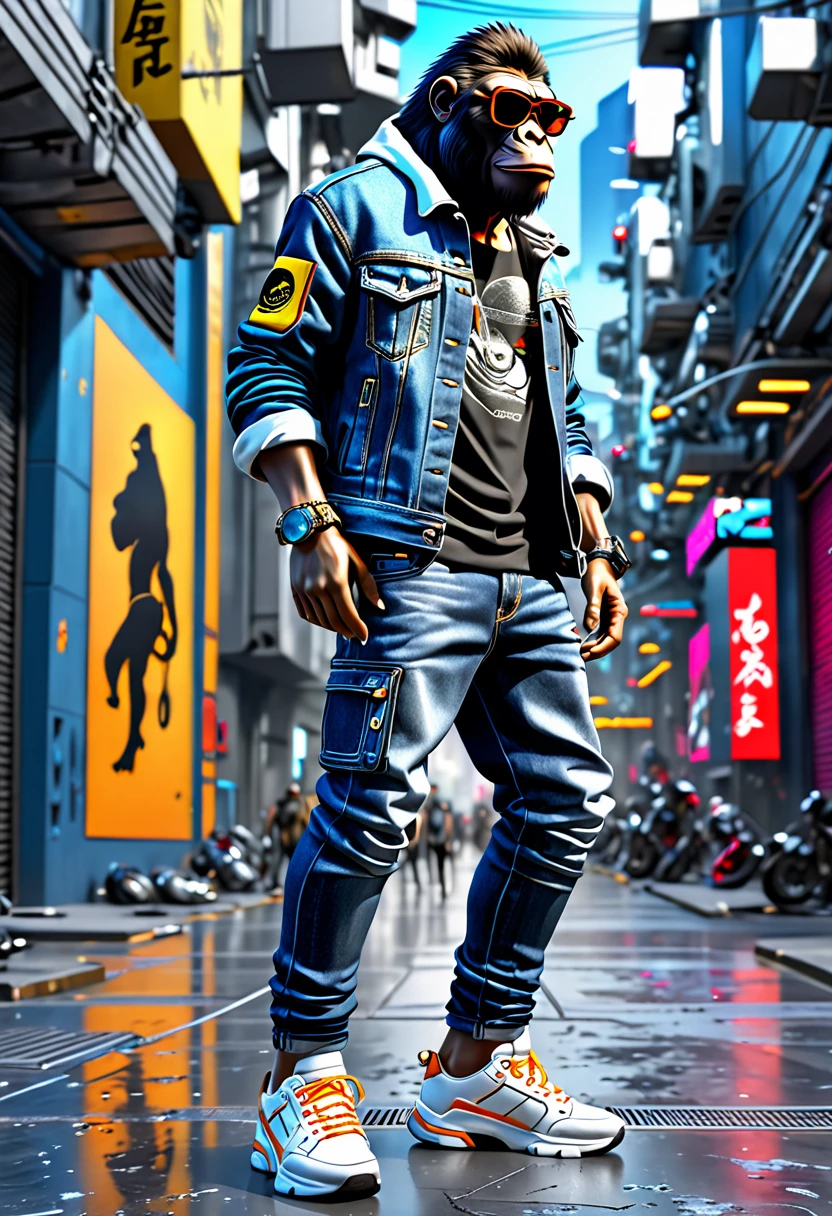 king of apes, fashion casual ape, sneakers, sunglasses, jeans pants, futuristic background, full figure, in cyberpunk style, masterpiece, best quality, high detail, photorealistic, hr, --chaos 0