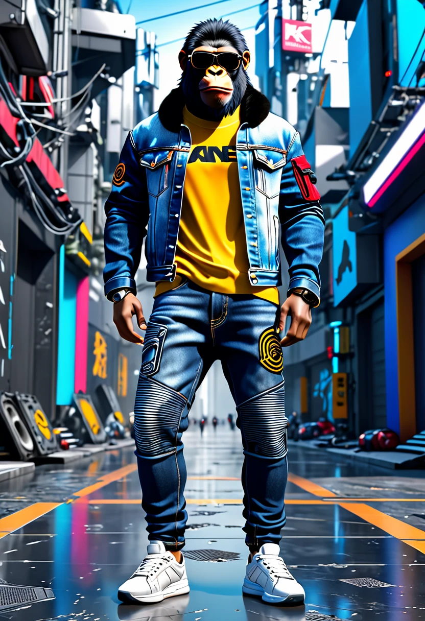 king of apes, fashion casual ape, sneakers, sunglasses, jeans pants, futuristic background, full figure, in cyberpunk style, masterpiece, best quality, high detail, photorealistic, hr, --chaos 0