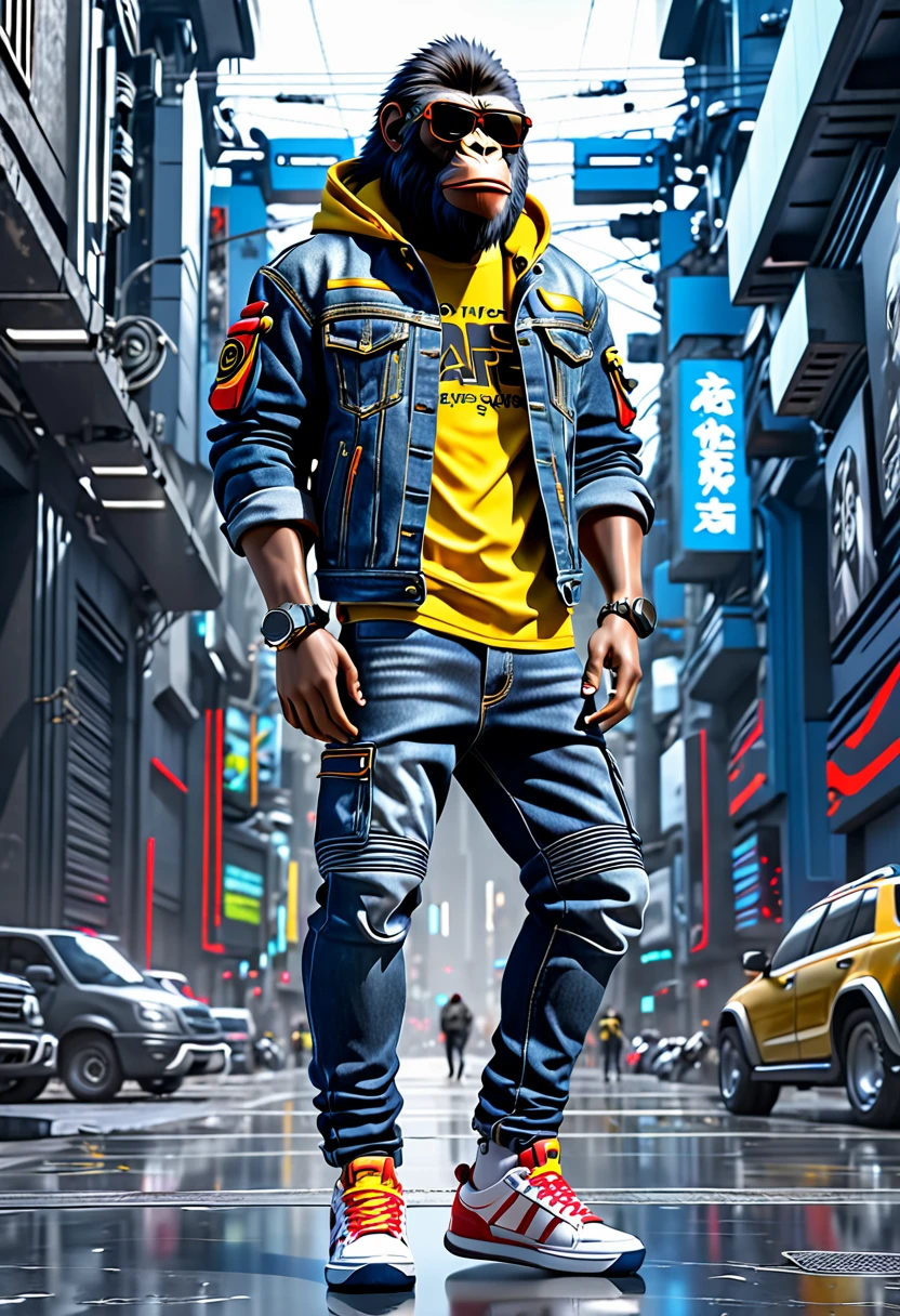 king of apes, fashion casual ape, sneakers, sunglasses, jeans pants, futuristic background, full figure, in cyberpunk style, masterpiece, best quality, high detail, photorealistic, hr, --chaos 0