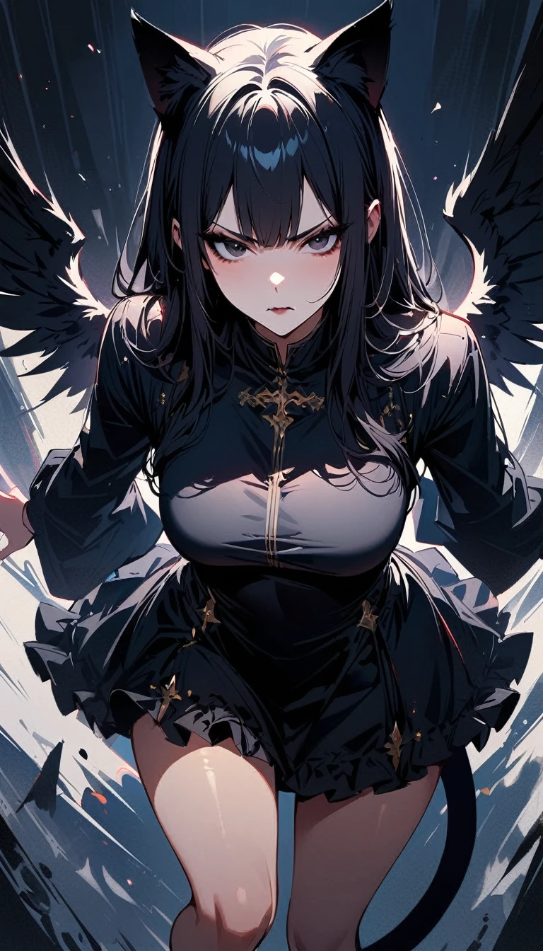 (high quality, 8k, 4K, high contrast, artwork:1.2, high quality, best aesthetics), (dynamic angle), ((1 woman)), erotic, sensual, mature body, super detailed, beautiful face detailed, beautiful eyes detailed, detailed beautiful mouth, perfect breasts, wide thighs, sexy body, (long straight black hair), (black eyes), (black lipstick), (black eyeliner), (black eyeshadow), (serious expression), (penetrating gaze), (black angel wings), (black cat ears), (black cat tail), (short black dress with short ruffled skirt and long sleeves), (centered), (looking at viewer), (standing)