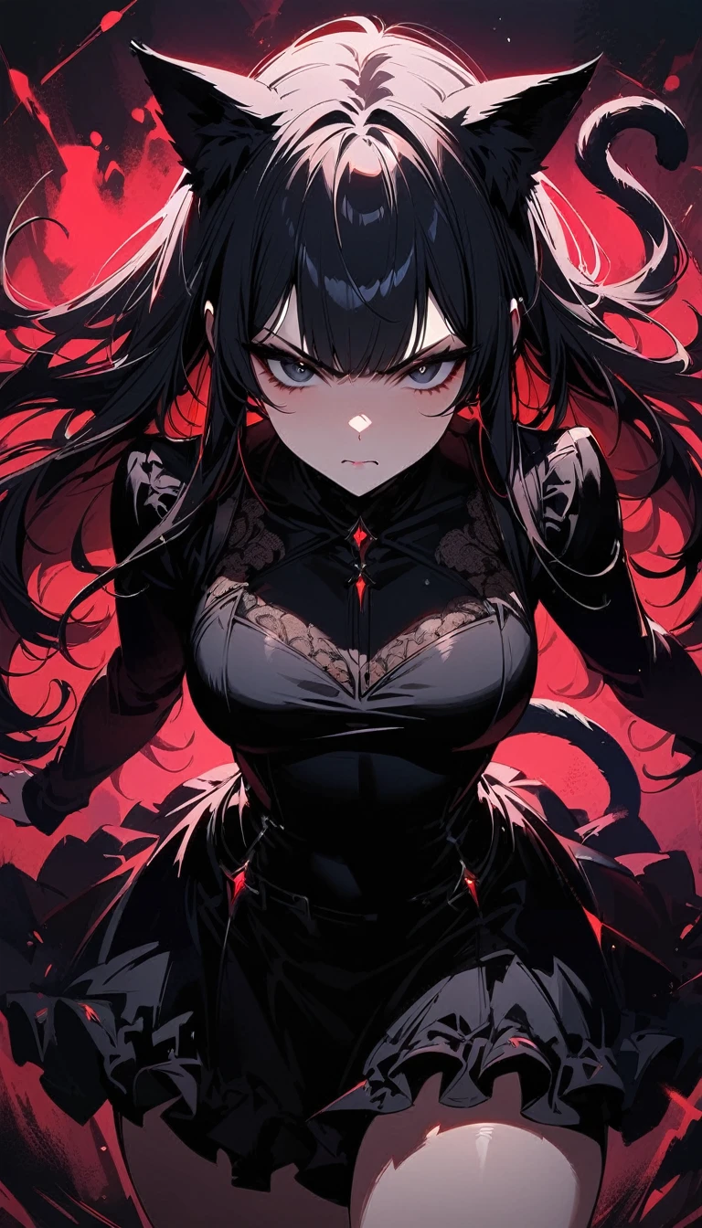 (high quality, 8k, 4K, high contrast, artwork:1.2, high quality, best aesthetics), (dynamic angle), ((1 woman)), erotic, sensual, mature body, super detailed, beautiful face detailed, beautiful eyes detailed, detailed beautiful mouth, perfect breasts, wide thighs, sexy body, (long straight black hair), (black eyes), (black lipstick), (black eyeliner), (black eyeshadow), (serious expression), (penetrating gaze), (black angel wings), (black cat ears), (black cat tail), (short black dress with short ruffled skirt and long sleeves), (centered), (looking at viewer), (standing)