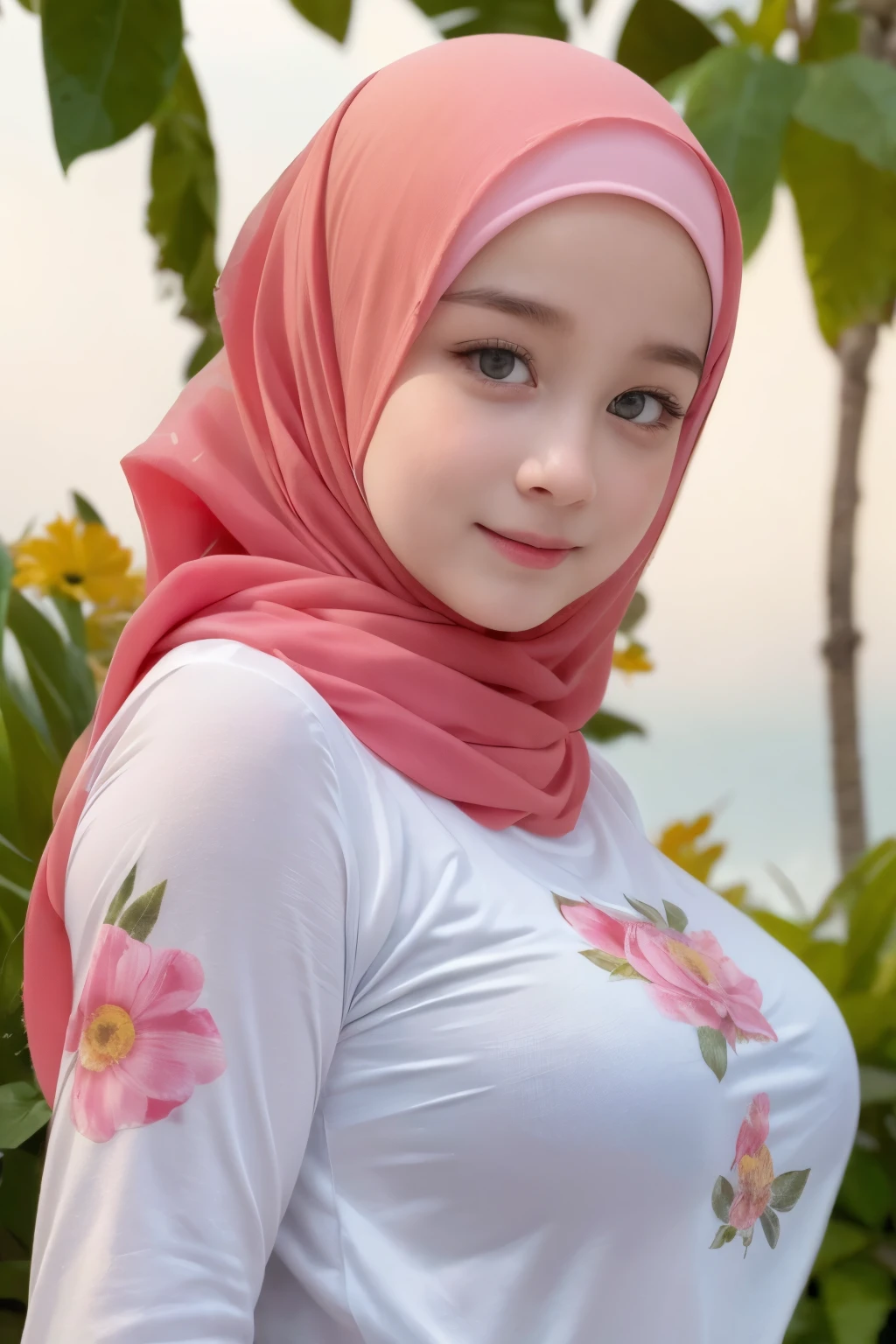 Jumbo (Fatty), adorable, 1 girl, (face to face), , baby face, hf body portrait, (face details: 1), (eye details: 1), ((big breasts)). wearing transparent transparency soft long shirt, hijab, .. Cute posed. proportional body. Ultra High Res. realistic: 1.4, UHD, (floral pattern), view from side seductive pose