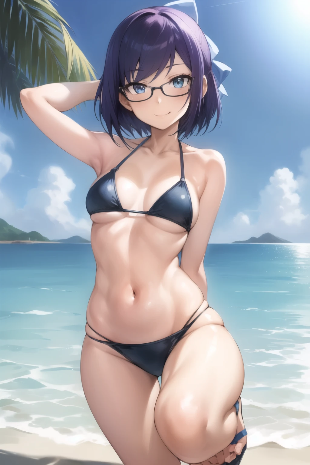 2d, masterpiece, best quality, anime, highly detailed face, highly detailed eyes, highly detailed background, perfect lighting, full body, 1girl, solo, a-chan, beach, bikini, crowd, embarrassed, smile