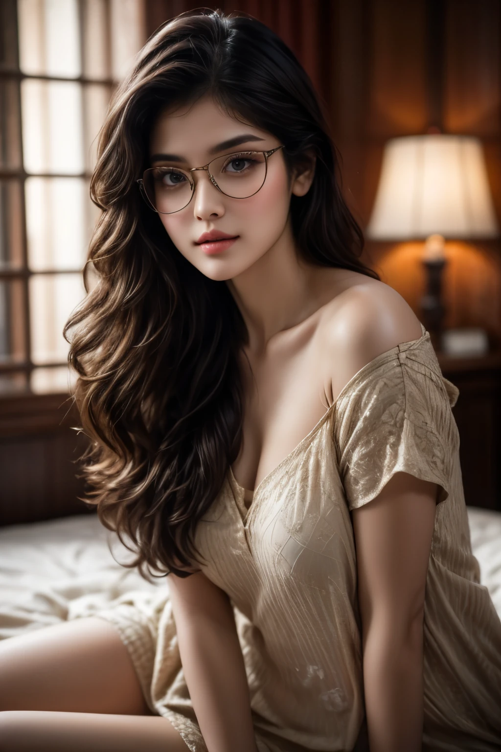 In a dimly lit bedroom, a stunning portrait of a indian beauty with dark bobbed hair and glasses dominates the frame. She sits comfortably on a plush bed, sweat glistening on her skin as she gazes directly at the viewer. The ultra-high resolution 8K camera captures every detail, from the subtle curves of her features to the intricate patterns on her clothes. This masterpiece is a testament to the artist's skill in capturing beauty and intimacy.