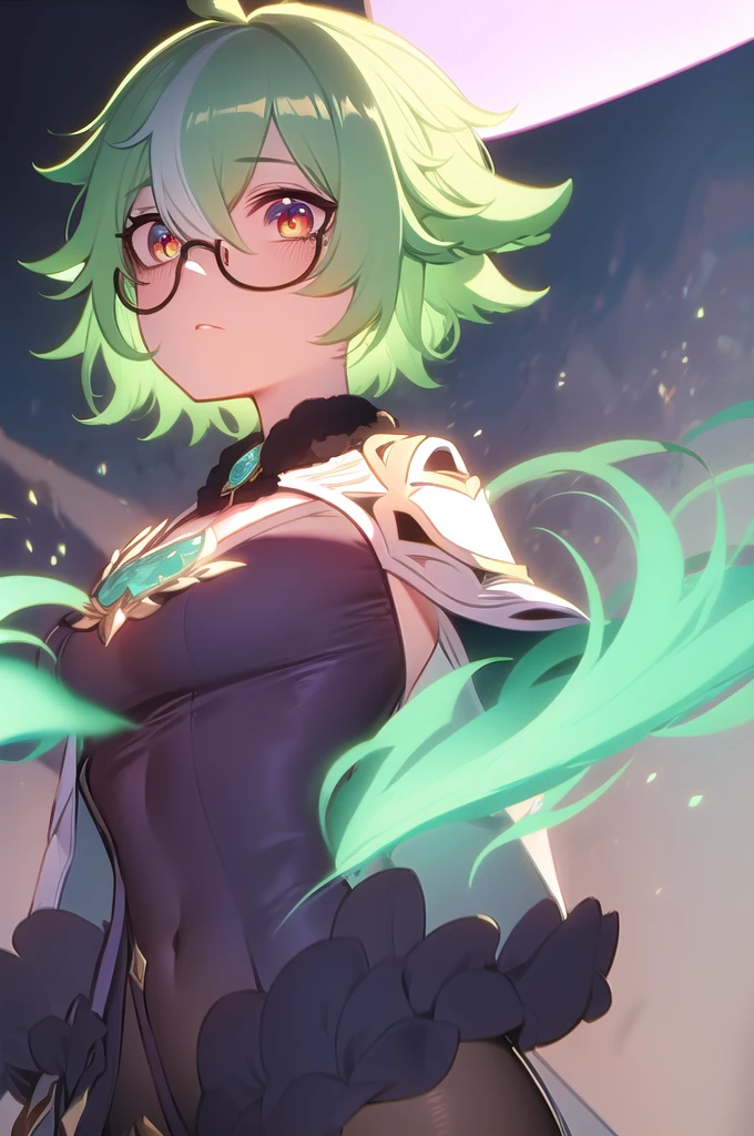 sucrosedef, sucrose \(genshin impact\), 1girl,solo, short hair,, green hair
BREAK  (,semi-rimless eyewear,:1.4)
BREAK looking at viewer, full body, upper body,
BREAK outdoors, city, sky,
BREAK (masterpiece:1.2), best quality, high resolution, unity 8k wallpaper, (illustration:0.8), (beautiful detailed eyes:1.2), extremely detailed face, perfect lighting, extremely detailed CG, (perfect hands, perfect anatomy),