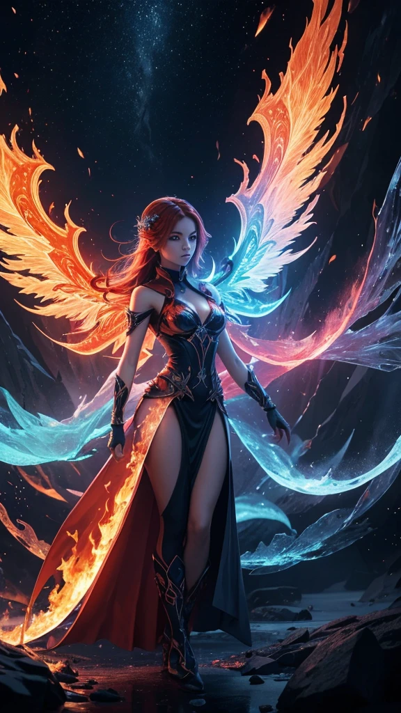 Stylish image of a woman dressed in rainbow with long hair, super plump breasts, full body xianxia, ​​goddess.  very high detail, trending on cgstation, irelia from league of legends, beautiful celestial mage, 8k high quality detailed art, irelia, astral mage outfit, beautiful highly detailed fanart, smooth cg art, highly detailed goddess shot, background  back : chinese fantasy paradise,