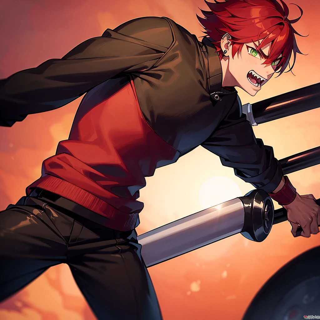 1 male, anime boy, delinquent, red hair, green eyes, dark tanned skin, piercings, pointy teeth, angry face, muscly, holding baseball bat, gakuran jacket, black clothes, school background,