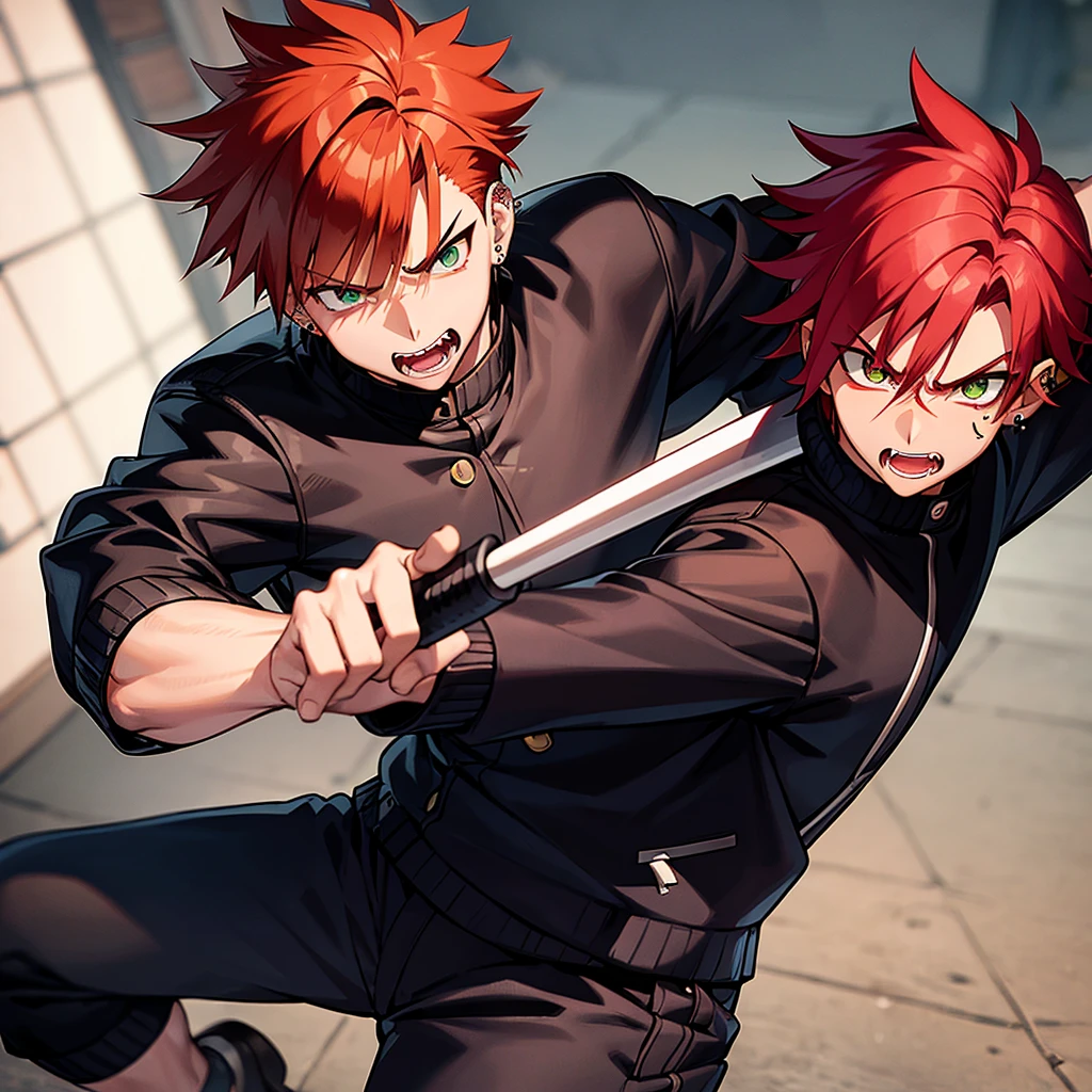 1 male, anime boy, delinquent, red hair, green eyes, dark tanned skin, piercings, pointy teeth, angry face, muscly, holding baseball bat, gakuran jacket, black clothes, school background,