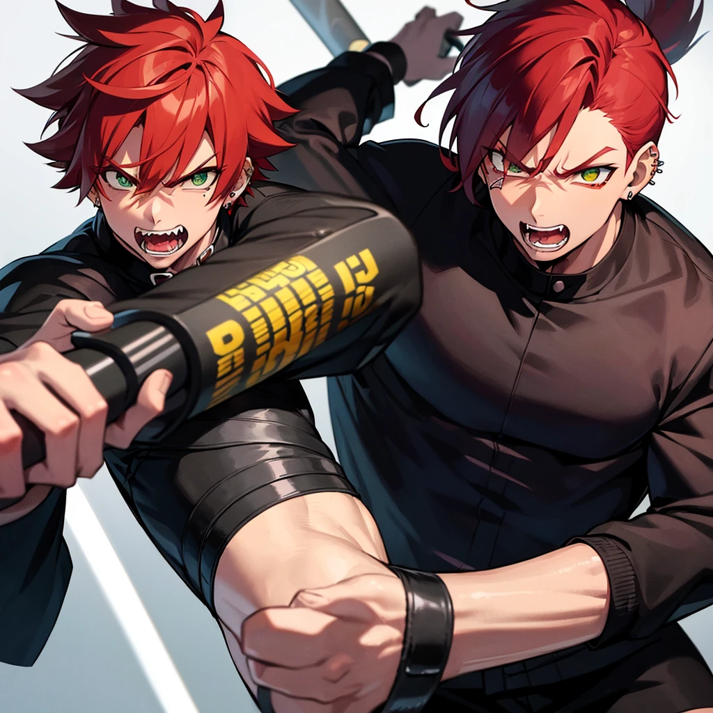 1 male, anime boy, delinquent, red hair, green eyes, dark tanned skin, piercings, pointy teeth, angry face, muscly, holding baseball bat, gakuran jacket, black clothes, school background,