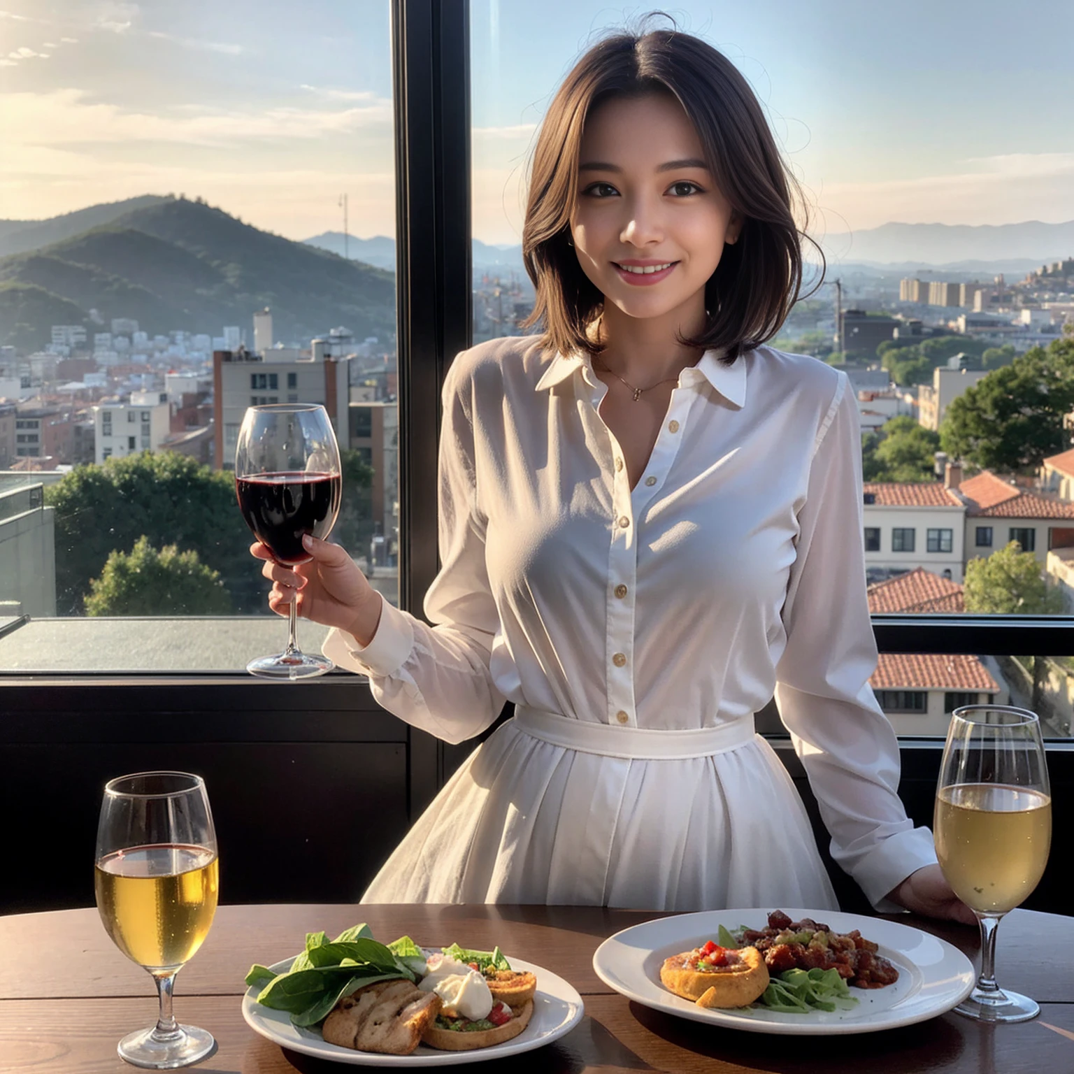 ((Highest quality、8K、masterpiece:1.3))、1 male、1 female、Couple、spouse、Couple、The body is slim、((Bob Hale、Straight hair:1.2)), (Realistic, Intricate details:1.2), テーブルの上のwine glass、Put the light on your face、 Amazing view of the sunset sky and clouds、Amazing mountain views、A bright smile、The wonderfulness of smile、Bright image、The beauty of wine, Beautiful Face, blue eyes, The light shines on your face, Blushing, short hair,Bright Face、 (Age 37), 39 years old, red wine 、Appetizers、Italian food、Wine bottle、Champagne、sparkling wine、Two beauties、Brown Hair、Shortcuts、Long sleeve shirt、dress、Beautiful woman 1, (slimな顔), (The body is slim), (Brown Hair), (Shortcuts), cheeks turn a little red,Attractive beauty、restaurant, In a prominent place (From the waist up) Nova Frog Style, actress, model, Upper Body, White wine, slim, wine glass, 中央に置かれたwine glass, smile, (smile: 1.15), Beautiful fine grain, Depth f/2,saturation, High Contrast, Strong light and shadow,Moist Body:1.5、3D texture、Delicate eyes、Brown Hair、The hair is very shiny、