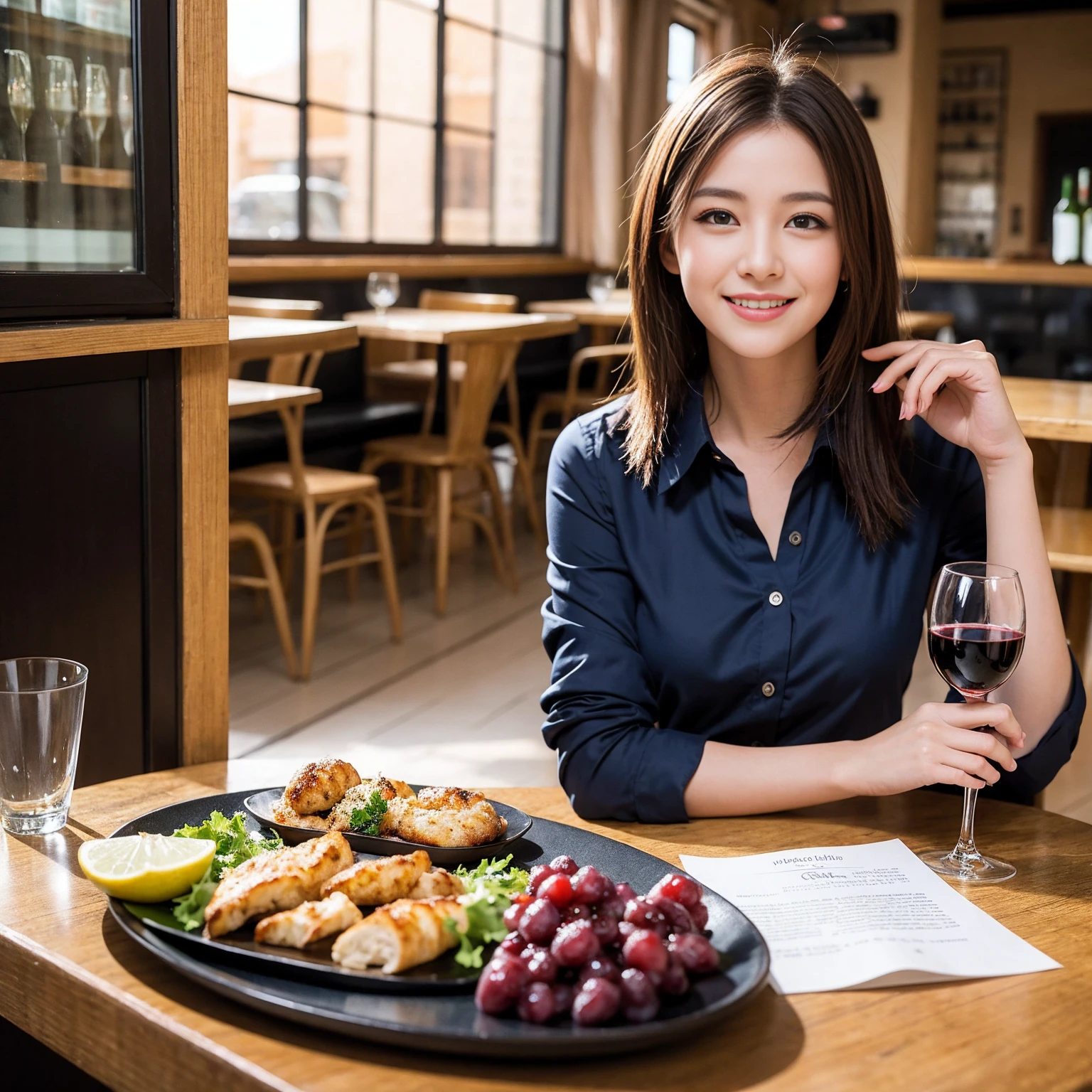 ((Highest quality、8K、masterpiece:1.3))、1 male、1 female、Couple、spouse、Couple、The body is slim、((Bob Hale、Straight hair:1.2)), (Realistic, Intricate details:1.2), テーブルの上のwine glass、Put the light on your face、 Amazing view of the sunset sky and clouds、Amazing mountain views、A bright smile、The wonderfulness of smile、Bright image、The beauty of wine, Beautiful Face, blue eyes, The light shines on your face, Blushing, short hair,Bright Face、 (Age 37), 39 years old, red wine 、Appetizers、Italian food、Wine bottle、Champagne、sparkling wine、Two beauties、Brown Hair、Shortcuts、Long sleeve shirt、dress、Beautiful woman 1, (slimな顔), (The body is slim), (Brown Hair), (Shortcuts), cheeks turn a little red,Attractive beauty、restaurant, In a prominent place (From the waist up) Nova Frog Style, actress, model, Upper Body, White wine, slim, wine glass, 中央に置かれたwine glass, smile, (smile: 1.15), Beautiful fine grain, Depth f/2,saturation, High Contrast, Strong light and shadow,Moist Body:1.5、3D texture、Delicate eyes、Brown Hair、The hair is very shiny、