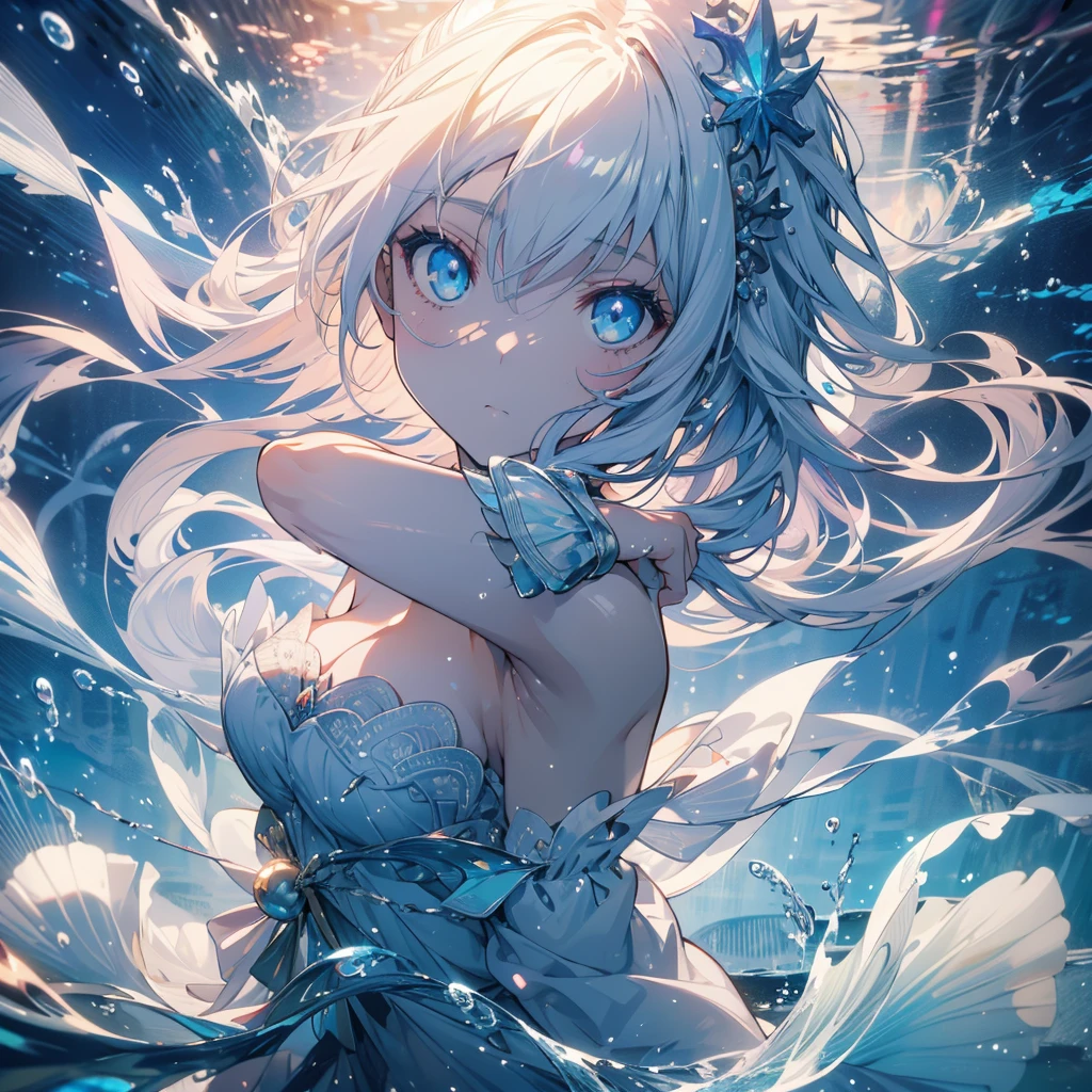 ((masterpiece, best quality)), Delicate face,White, Mermaid under the sea,Scales,whole body,Standing picture,Large Breasts,Gradient double ponytail,Perfect body proportions,beautiful eyes,Extremely beautiful,transparent,纯White背景,Water Ripples,Sexy Lingerie,Lace