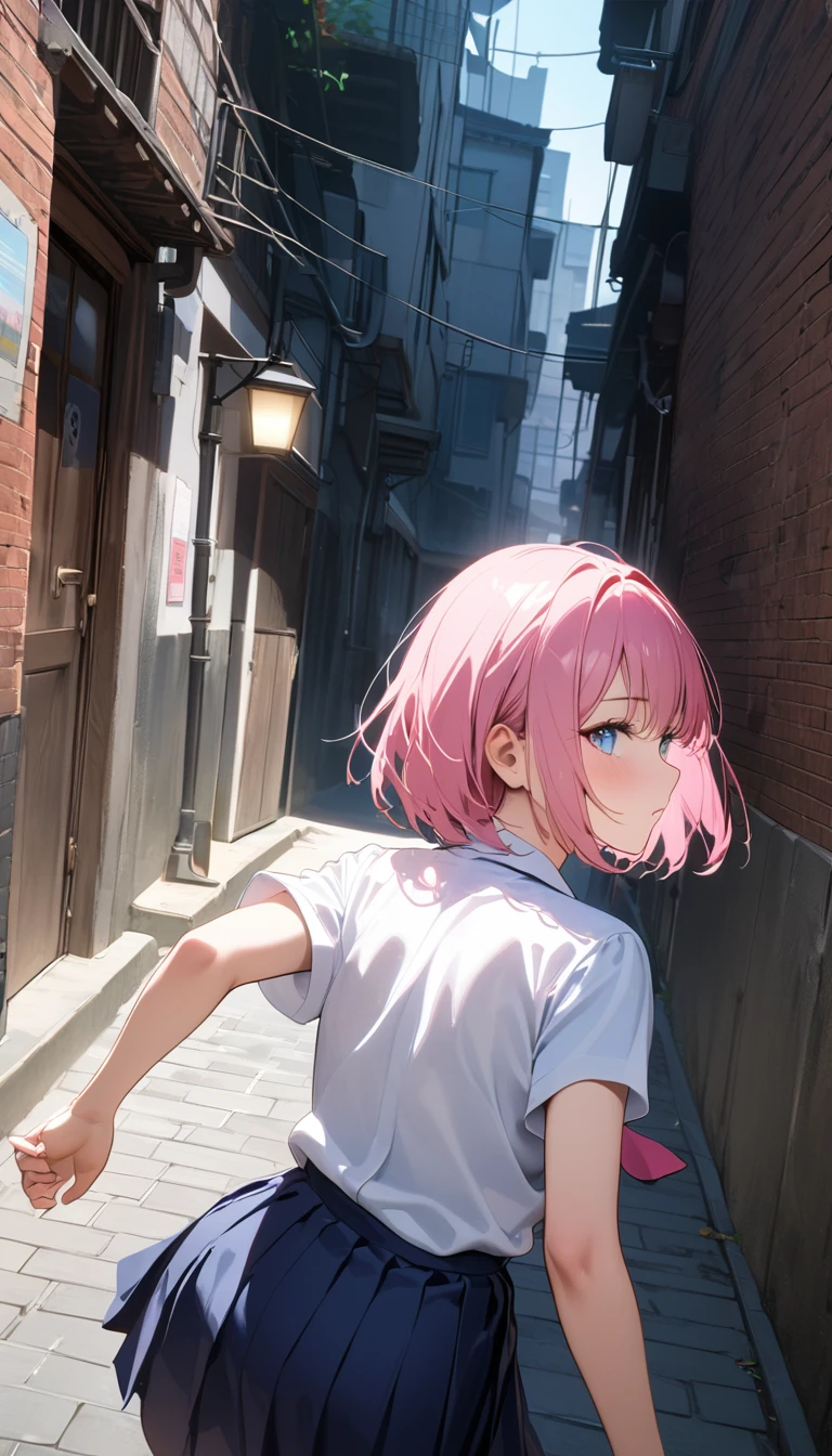 (Best Picture Quality, 8K, Masterpiece:1.3),(high school student:1.5), (pink medium hair), (bob cut), (slant skyblue eyes), ((school uniform, short simple sleeve shirt, darkblue skirt, pink tie)), (city alley Setting), Professional Lighting, Very Detailed Skin And Hair, (running:1.3), beguiling expression, (super clear:1.5),((looking back:1.3)),(back shot:1.3),(upper body).