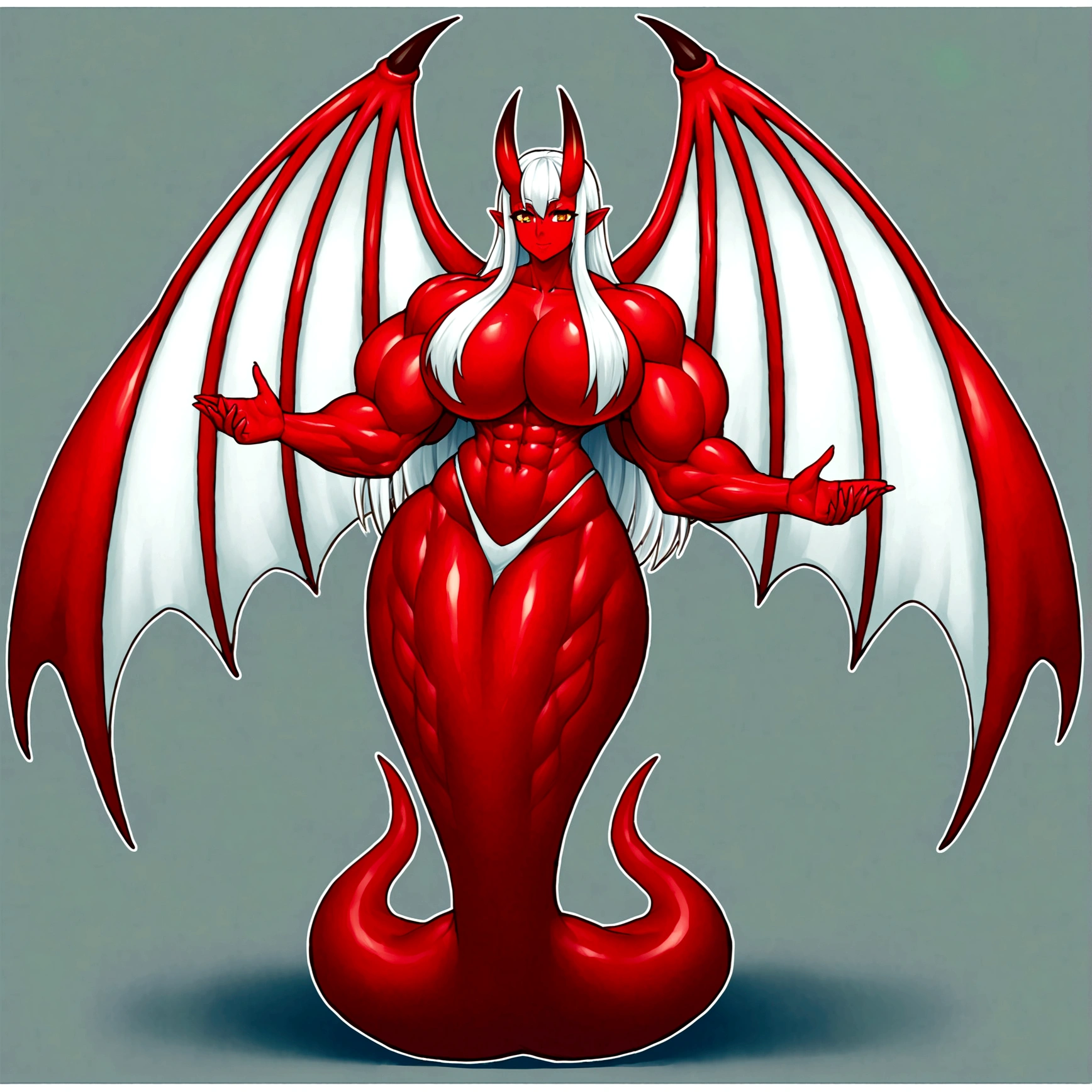 Mermaid girl, white long hair, oni horns, red skin, gigantic demon wings, gigantic muscular body, gigantic penis with big balls, 4 arms, full body.