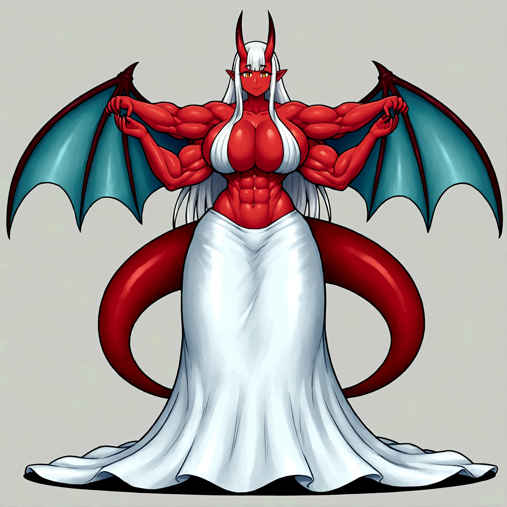 Mermaid girl, white long hair, oni horns, red skin, gigantic demon wings, gigantic muscular body, gigantic penis with big balls, 4 arms, full body.
