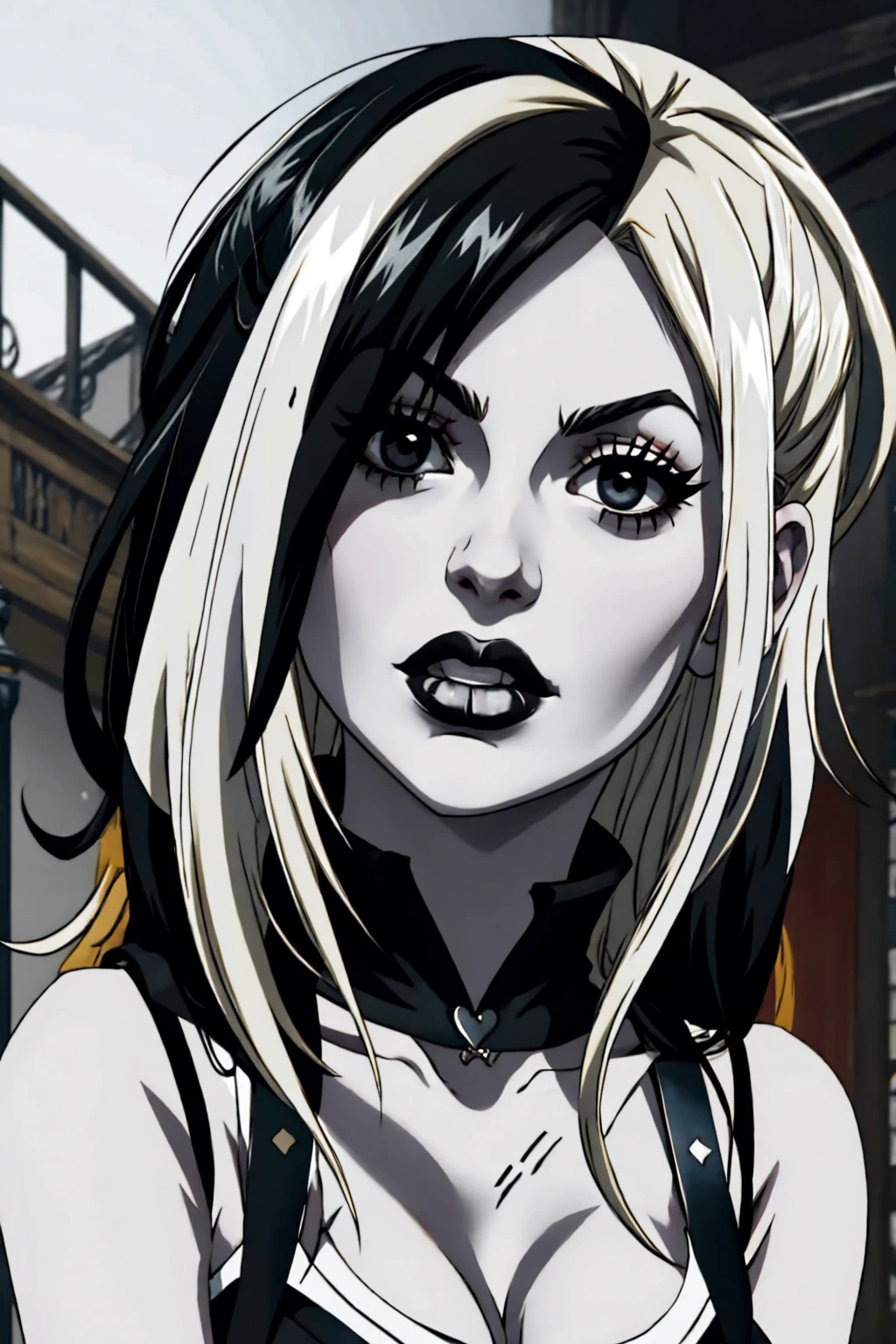 Lucy Heartfilia, blackquality hair, white skin covered in white makeup, black gothic punk clothes