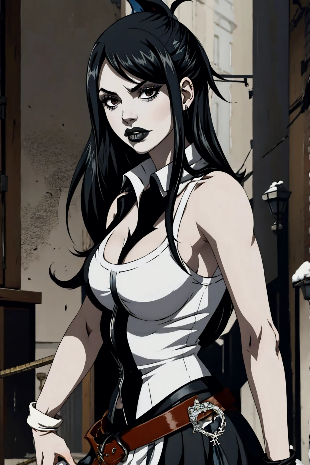 Lucy Heartfilia, blackquality hair, white skin covered in white makeup, black gothic punk clothes