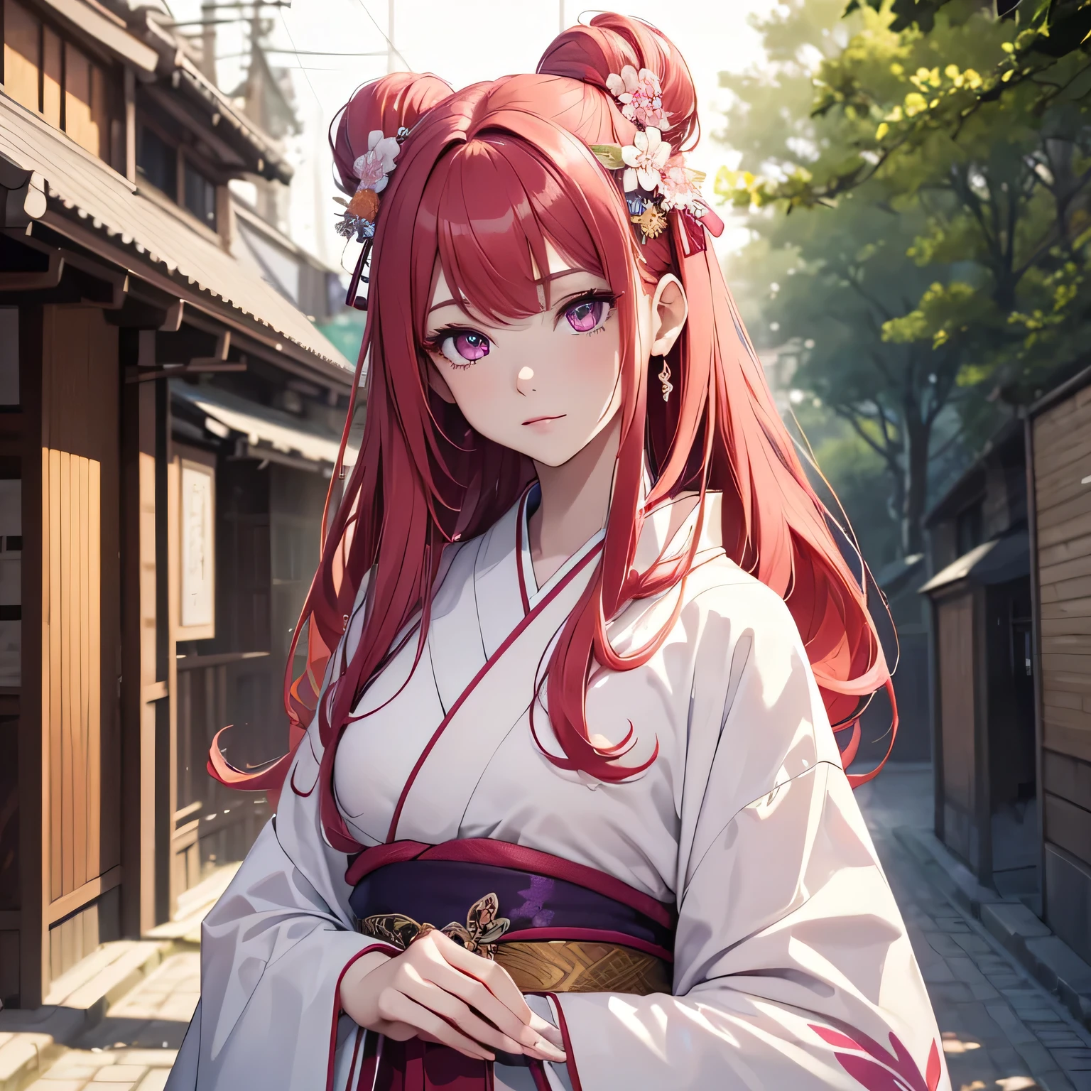 (8K, Best Quality, Masterpiece, Ultra High Resolution) 1 Girl, Beautiful Eyes, Face Details, Long Red Hair, Pink Eyes, Pale Skin, , Wearing Kimono, White Kimono, Purple Details, Standing Outside, Best Quality, Upper Body, Looking at the Viewer, Facing Viewer, Close Up