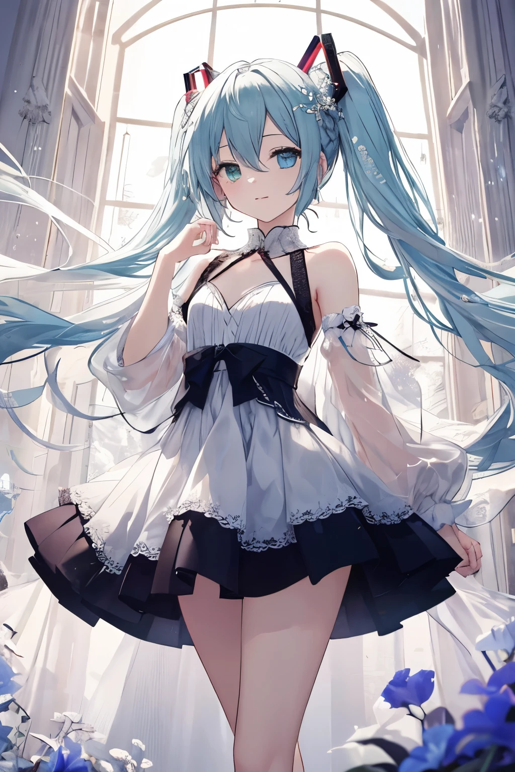 Hatsune Miku、(Surreal), (one example), (high resolution), (8K), (Very detailed), (Best example), (Beautiful and delicate eyes), (Best quality), (Very detailed), (Master of Peace), (wallpaper), (Delicate face), Solitary, 1 Girl, Noble dress、White hair, Heterochromia iris, There is a small mole under the eye, Medium chest, Long legs,Stunning composition,Braids,Beautiful and delicate legs