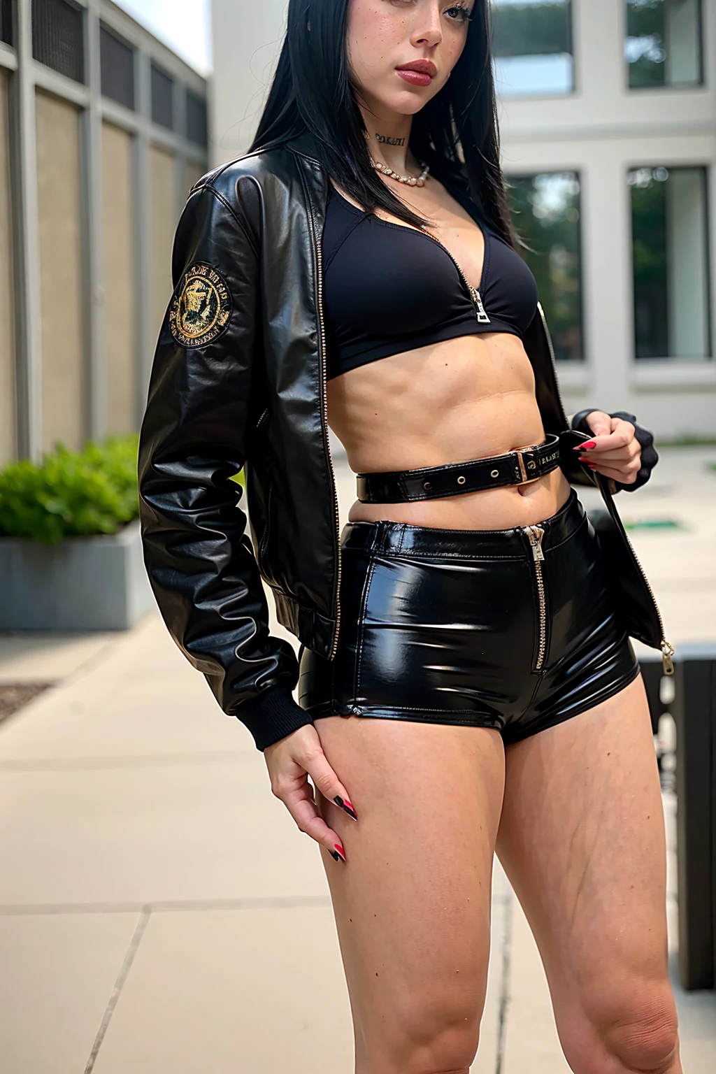 1girl,solo,detailed skin,long eyelashes,(19 years-old),(petite body),(short stature)(NSFW), Masterpiece, Best Quality, realist, Futuristic fashion art, ig model, April render,wide angle, whole body shot, standing, BREAK bold exposure, camel toe, exuding a sculptural beauty, White and beautiful silky skin., thin and beautiful neck, small head, BREAK (Black and white military print bodysuit: 1.3), (Elegant black leather belt with futuristic metal buckle: 1.2), (Low Rise Black Leather Shorts with Zipper Details: 1.4), Urban vibes, (Sheer black mesh bomber jacket with black and white military patches: 1.4),